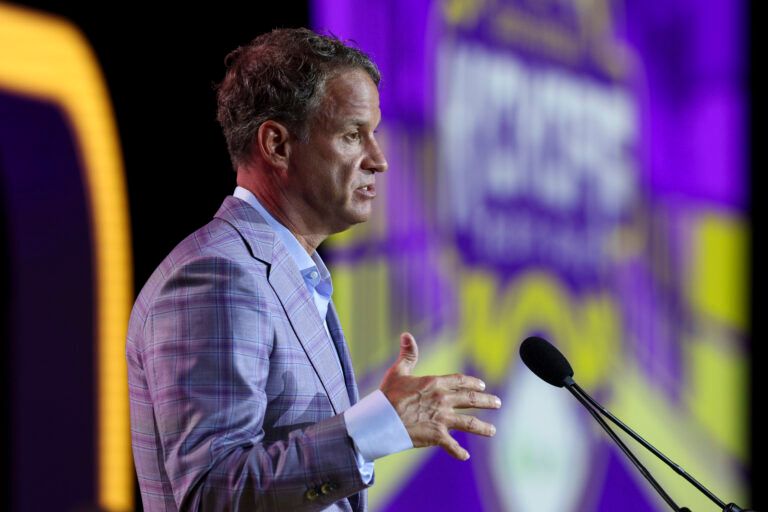 LSU Tigers head coach Lane Kiffin speaks to the press during SEC Football Kickoff Media Day at the Tampa Marriott.