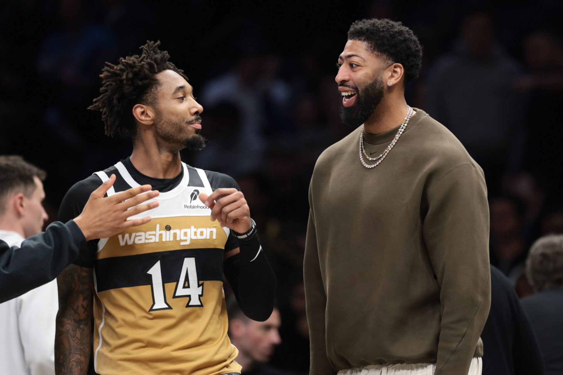 Washington Wizards forward Anthony Davis (23) talks with forward Leaky Black (14) during the first half against the Brooklyn Nets at Barclays Center.