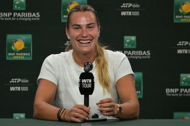 Aryna Sabalenka (BEL) speaks to the media at a news conference during the BNP Paribas Open at the Indian Wells Tennis Garden.