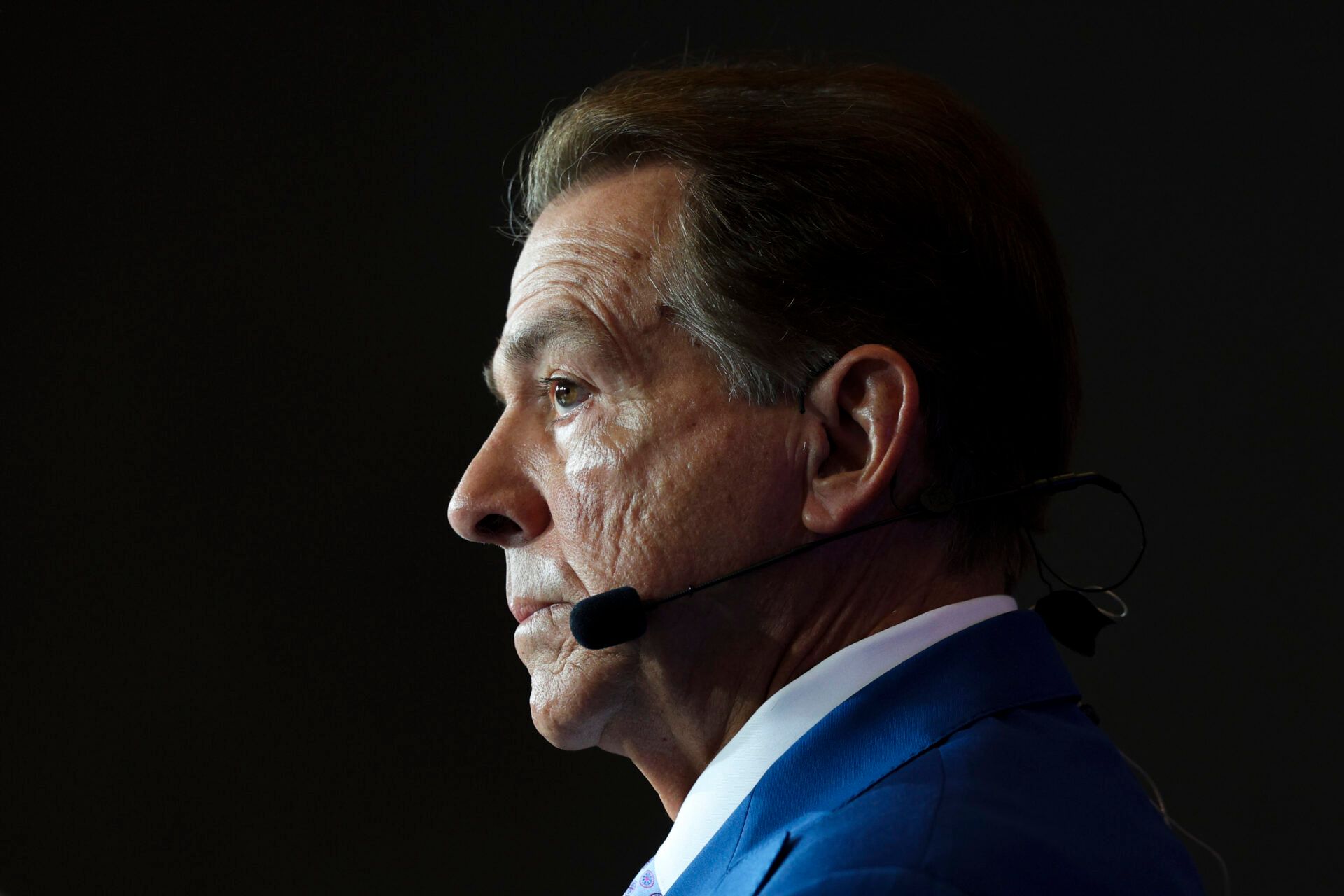 former Alabama Crimson Tide coach and ESPN  analyst for College GameDay Nick Saban broadcast during SEC Football Kickoff Media Day at the Tampa Marriott.