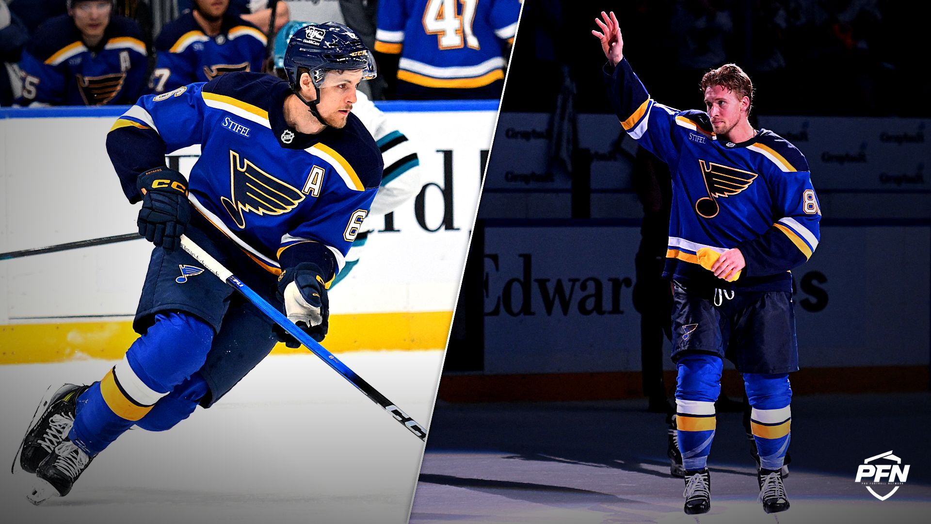 St. Louis Blues defenseman Philip Broberg and left wing Dylan Holloway.
