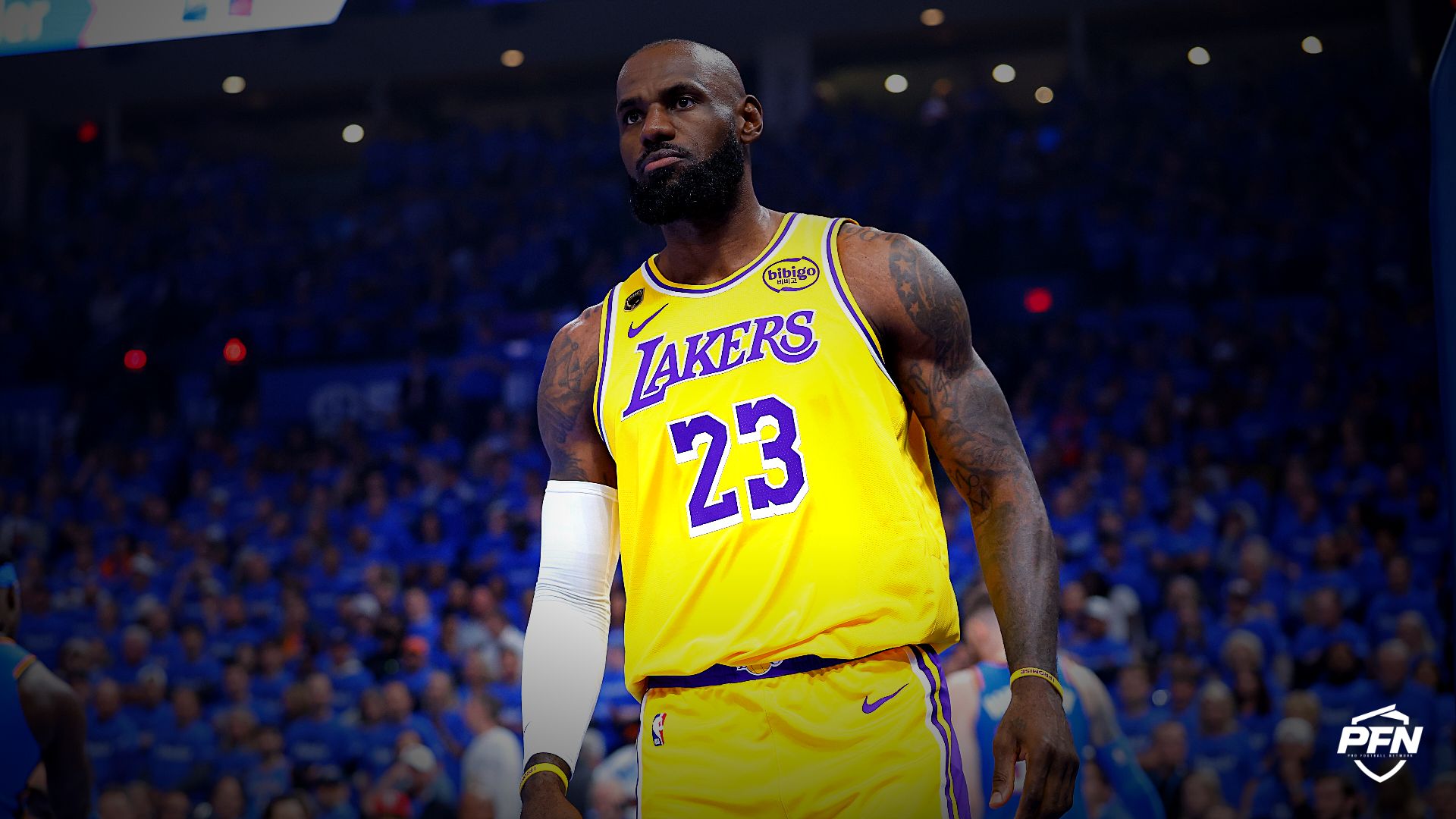 Los Angeles Lakers forward LeBron James (23) looks towards his bench after a play against the Oklahoma City Thunder in the first half during game one of the second round of the 2026 NBA Playoffs at Paycom Center.