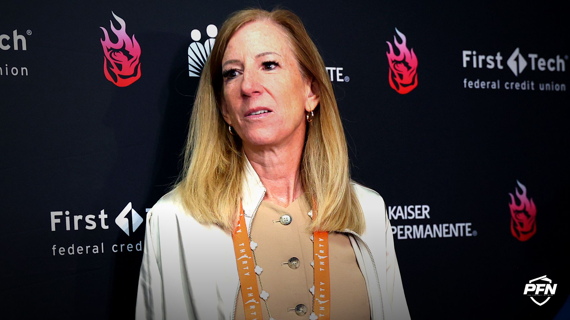 WNBA Commissioner Cathy Engelbert meets with the working media before Portland Fire against the Las Vegas Aces at Moda Center.