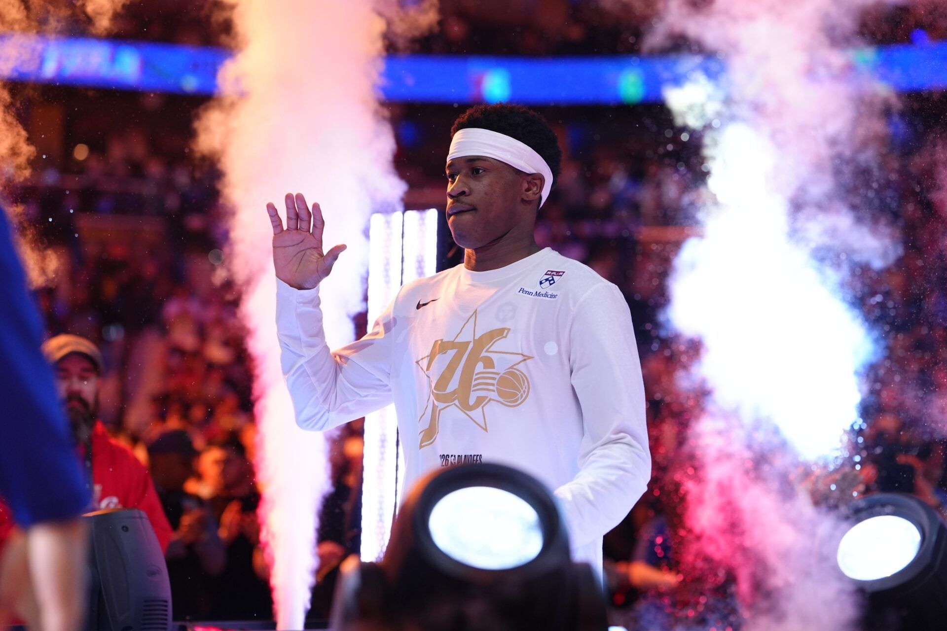 Philadelphia 76ers guard VJ Edgecombe (77) is introduced before game four of the second round of the 2026 NBA Playoffs against the New York Knicks at Xfinity Mobile Arena.