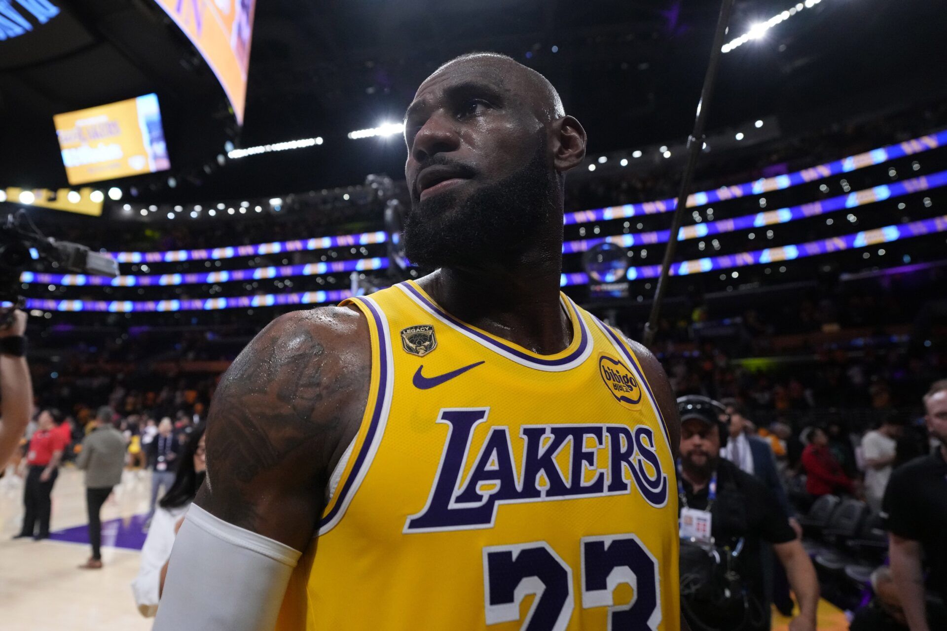Los Angeles Lakers forward LeBron James (23) leaves the court after game one of the first round of the 2026 NBA Playoffs against the Houston Rockets at Crypto.com Arena.