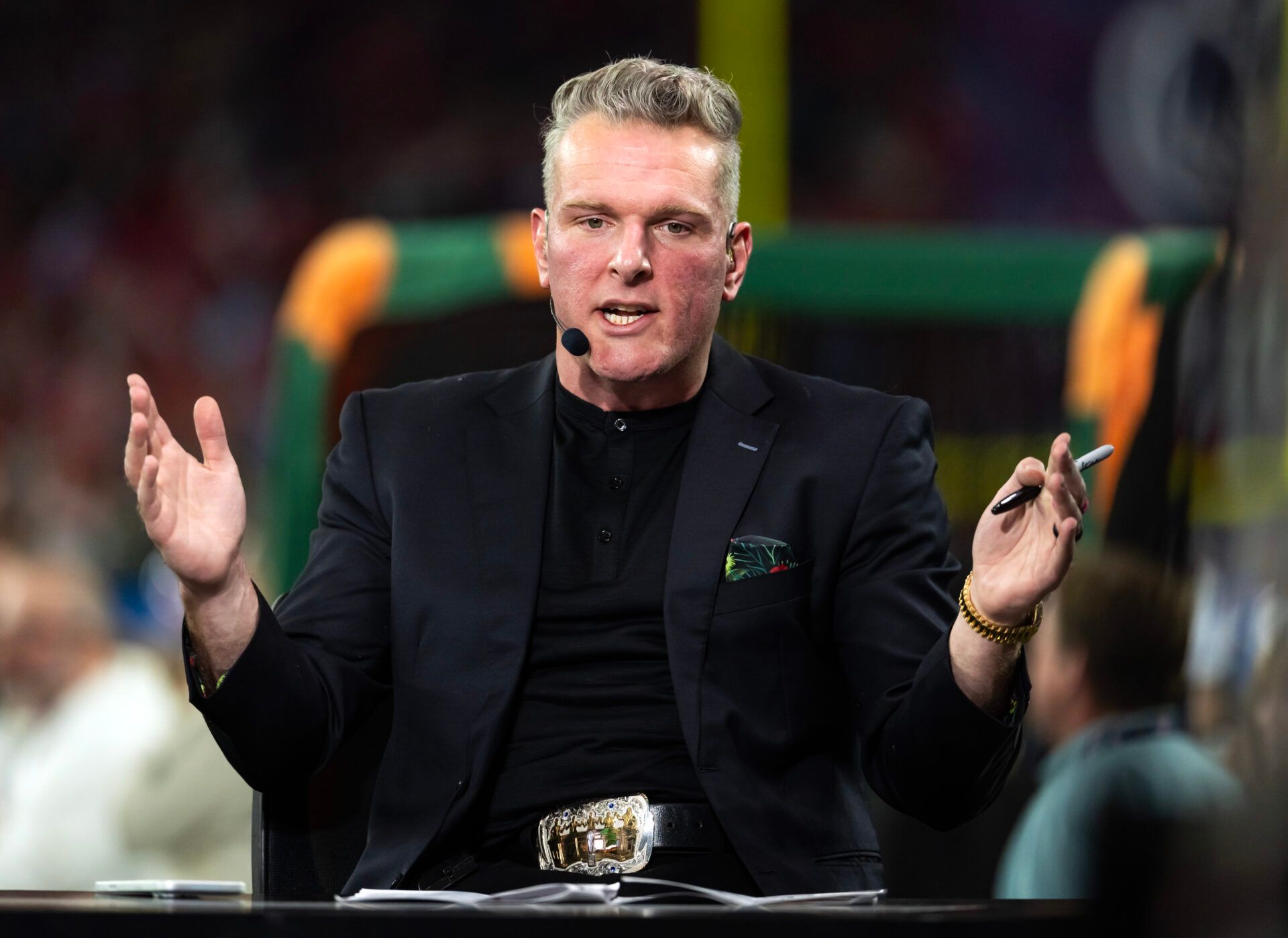 ESPN personality Pat McAfee during the Miami Hurricanes game against the Mississippi Rebels in the 2026 Fiesta Bowl and semifinal game of the College Football Playoff at State Farm Stadium.