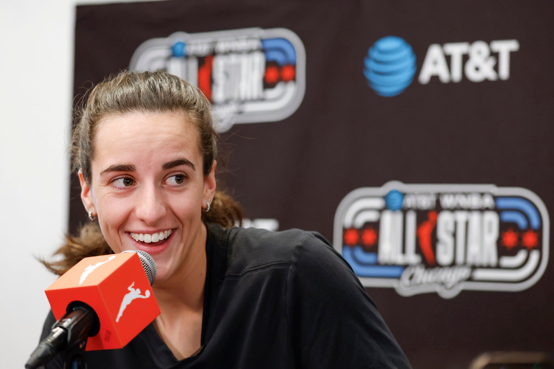 Indiana Fever guard Caitlin Clark speaks during WNBA All-Star Weekend Media Day at Obama Presidential Center.