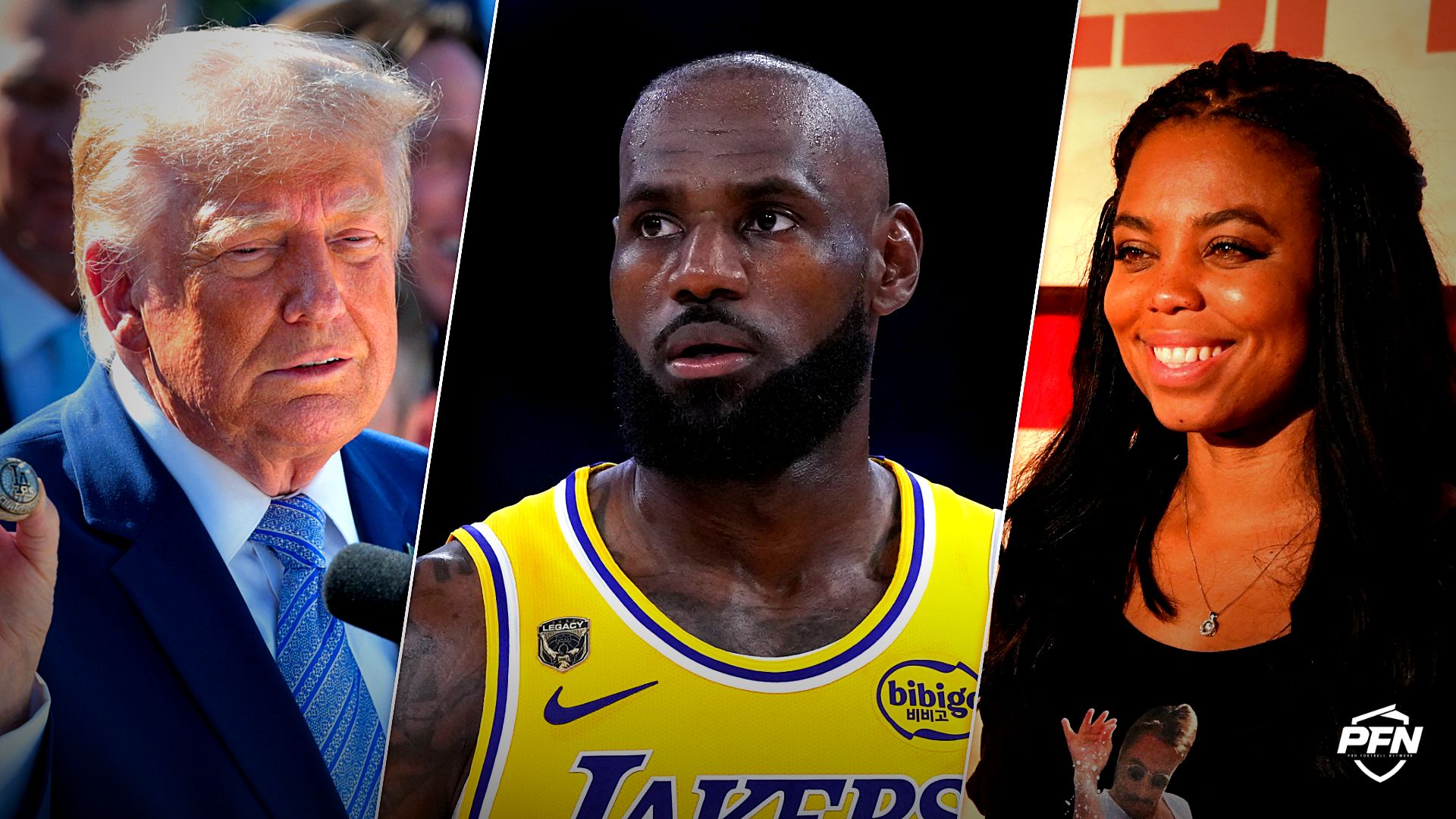 Collage featuring USA-TRUMP/, BASKETBALL-NBA-LAL-HOU/, and Feb 3, 2017; Houston, TX, USA; ESPN host Jemele Hill poses for a photo on the red carpet at the ESPN the Party event in the.
REUTERS / IMAGN IMAGES via Reuters Connect / USA TODAY Network via Reuters Connect