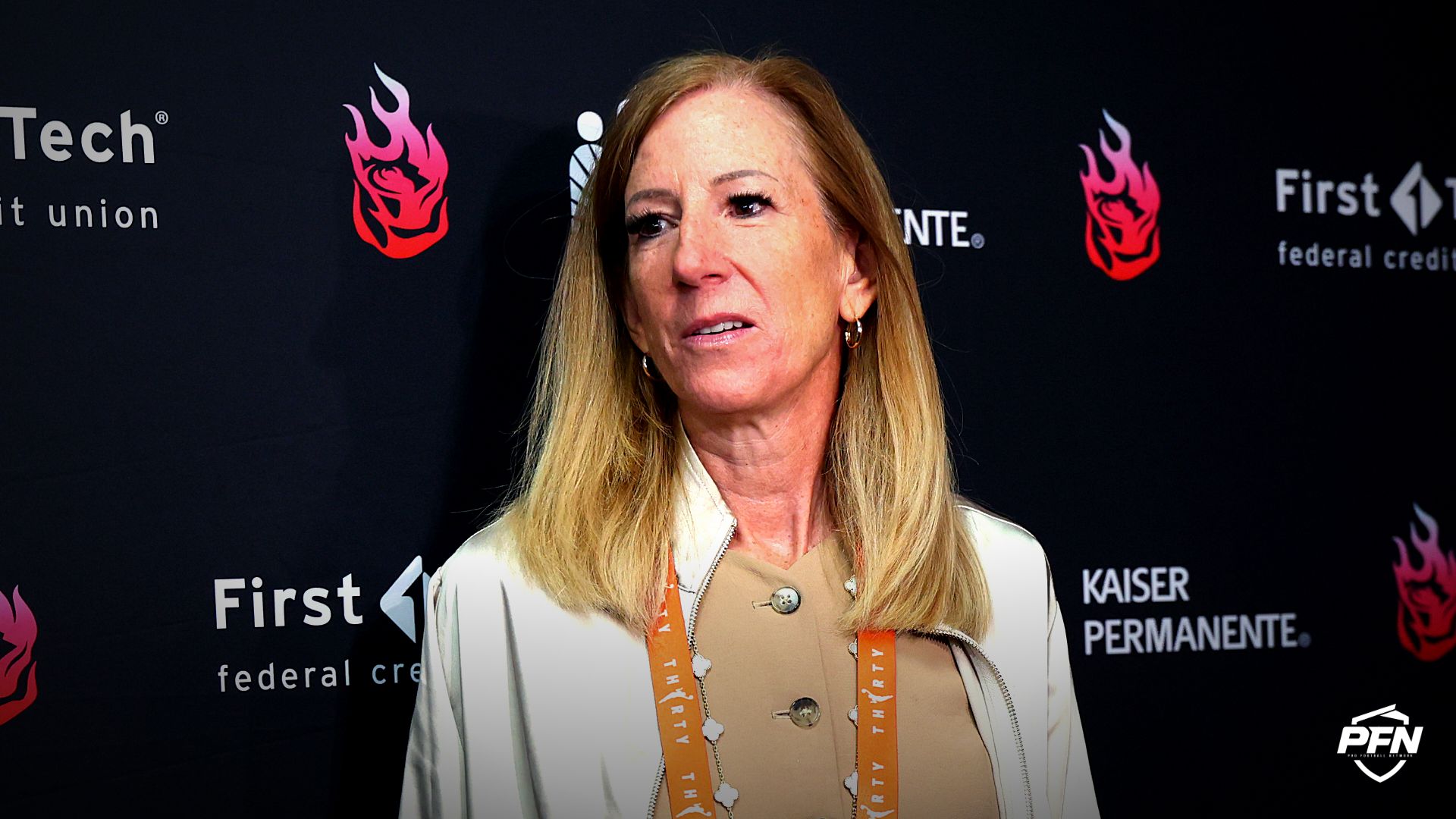 WNBA Commissioner Cathy Engelbert meets with the working media before Portland Fire against the Las Vegas Aces at Moda Center.