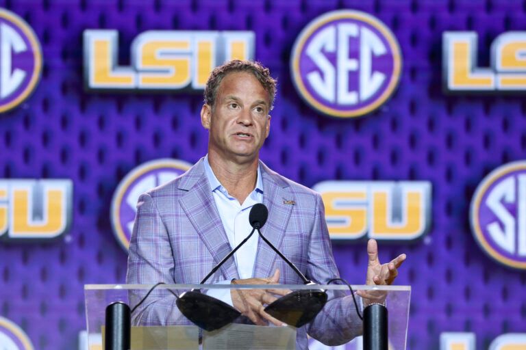 LSU Tigers head coach Lane Kiffin speaks to the press during SEC Football Kickoff Media Day at the Tampa Marriott.