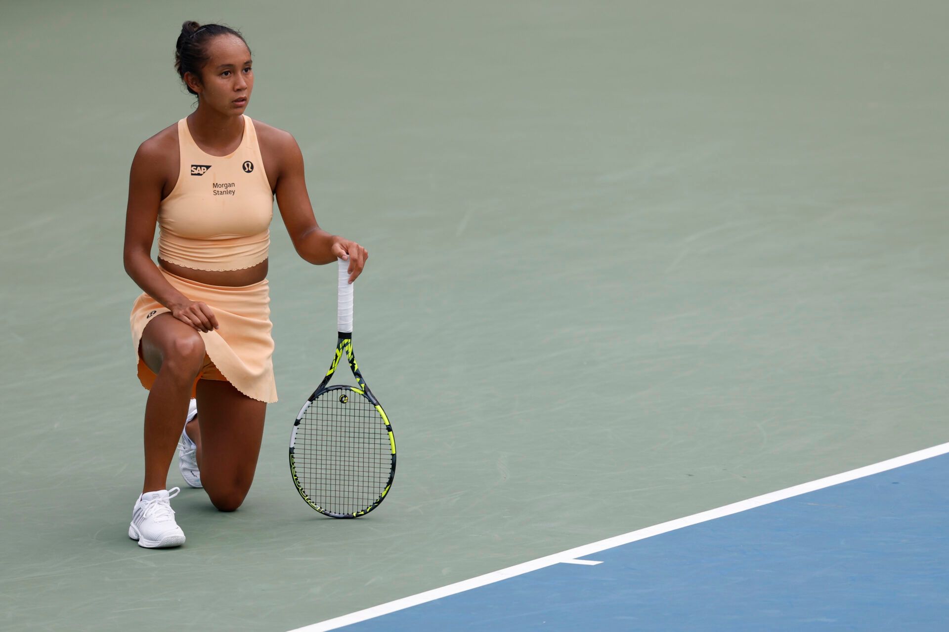 Leylah Fernandez (CAN) reacts after missing a shot against Elena Rybakina (KAZ)(not pictured) in a women's singles semi-final on day six of the Mubadala Citi DC Open at Rock Creek Park Tennis Center.