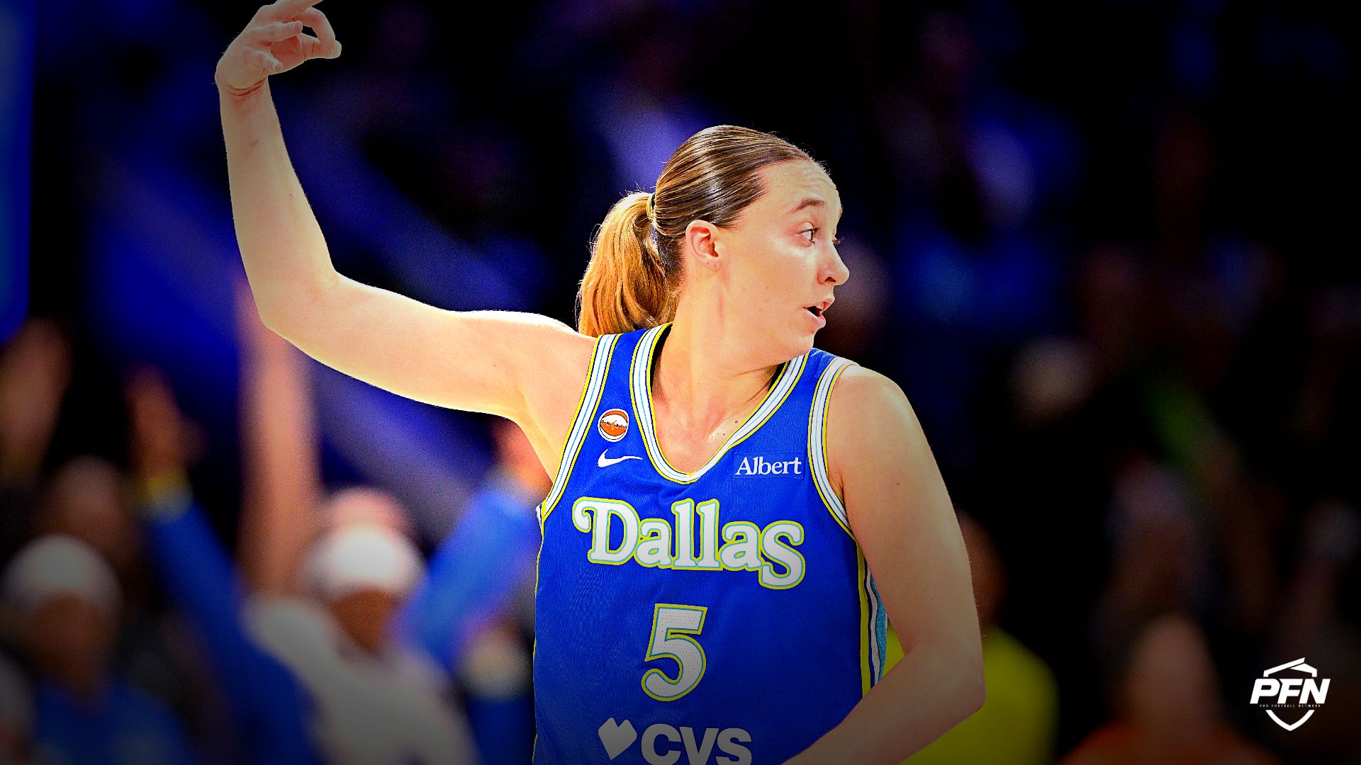 Dallas Wings guard Paige Bueckers (5) celebrates during the game between the Wings and the Aces at College Park Center.
