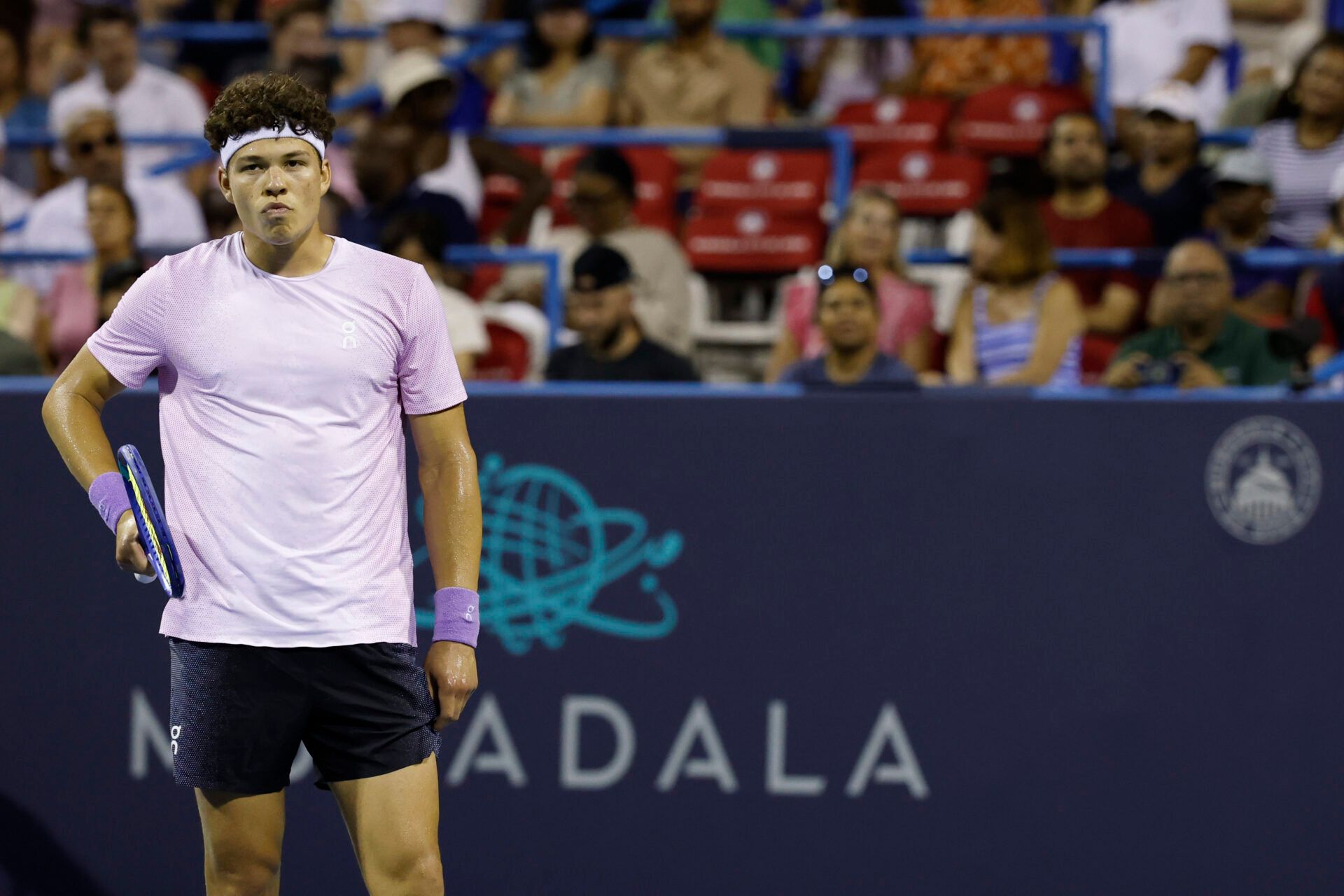 Ben Shelton (USA) reacts after losing a game against Alejandro Davidovich Fokina (ESP)(not pictured) in a men's singles semi-final on day six of the Mubadala Citi DC Open at Rock Creek Park Tennis Center.