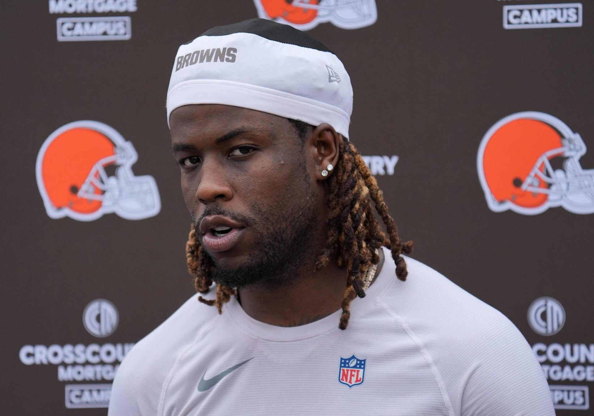 Jerry Jeudy talks with media after the Browns OTA in Berea on May 27, 2026.