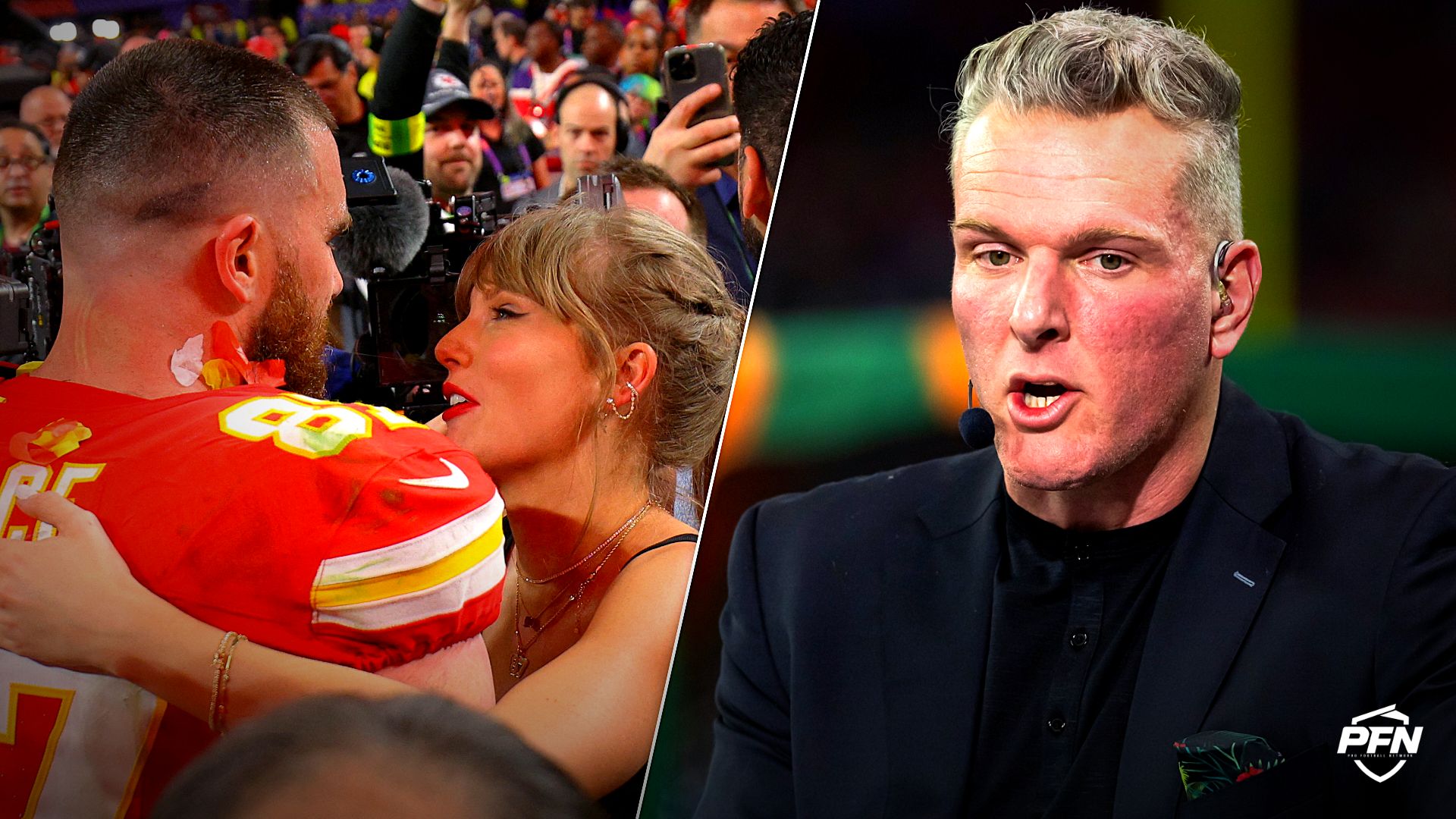Collage featuring PEOPLE-TAYLOR SWIFT/KELCE and FOOTBALL-NCAA/.