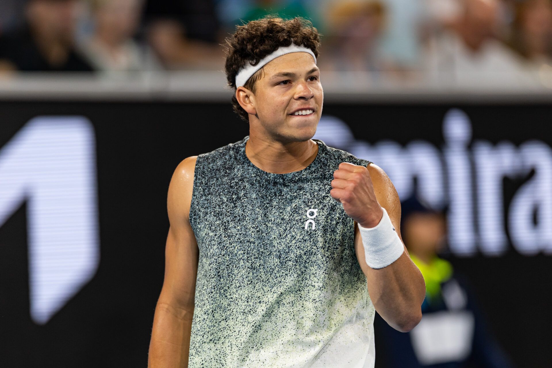 Ben Shelton of United States in action against Valentin Vacherot of Monaco in the third round of the mens singles at the Australian Open at Margaret Court Arena in Melbourne Park.
