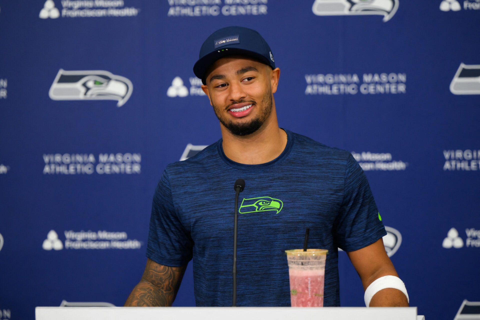 Seattle Seahawks wide receiver Jaxon Smith-Njigba (11) speaks to the media after minicamp practice at Virginia Mason Athletic Center.