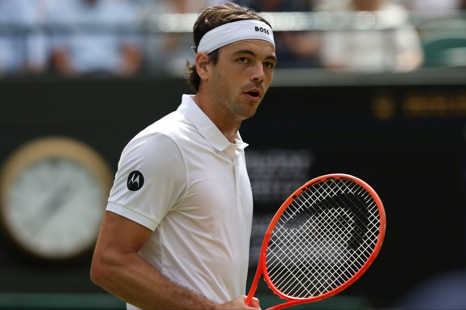 Taylor Fritz (USA) reacts after winning a point against Dusan Lajovic (SRB) (not pictured) on day two of The Championships Wimbledon 2026 at All England Lawn Tennis and Croquet Club.