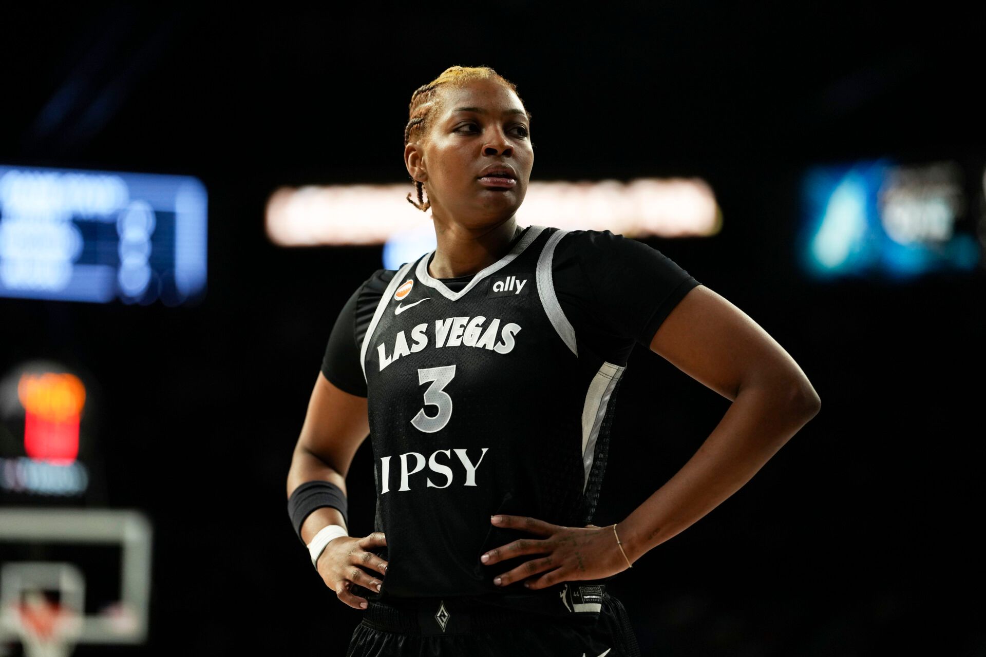 Las Vegas Aces forward NaLyssa Smith (3) during the fourth quarter of a WNBA basketball game against the Golden State Valkyries at Michelob Ultra Arena.
