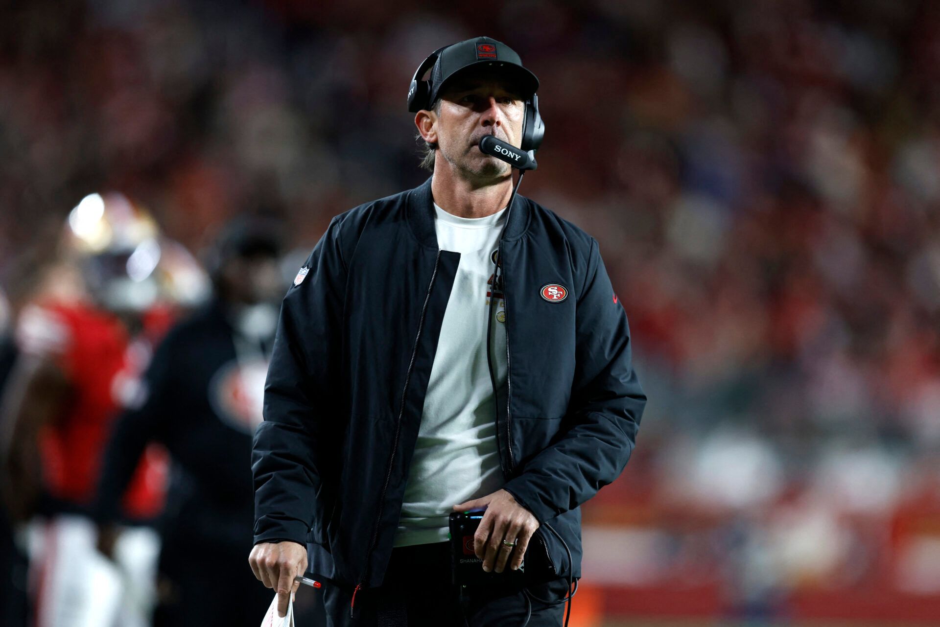 San Francisco 49ers head coach Kyle Shanahan looks on in the first half against the Chicago Bears at Levi's Stadium.