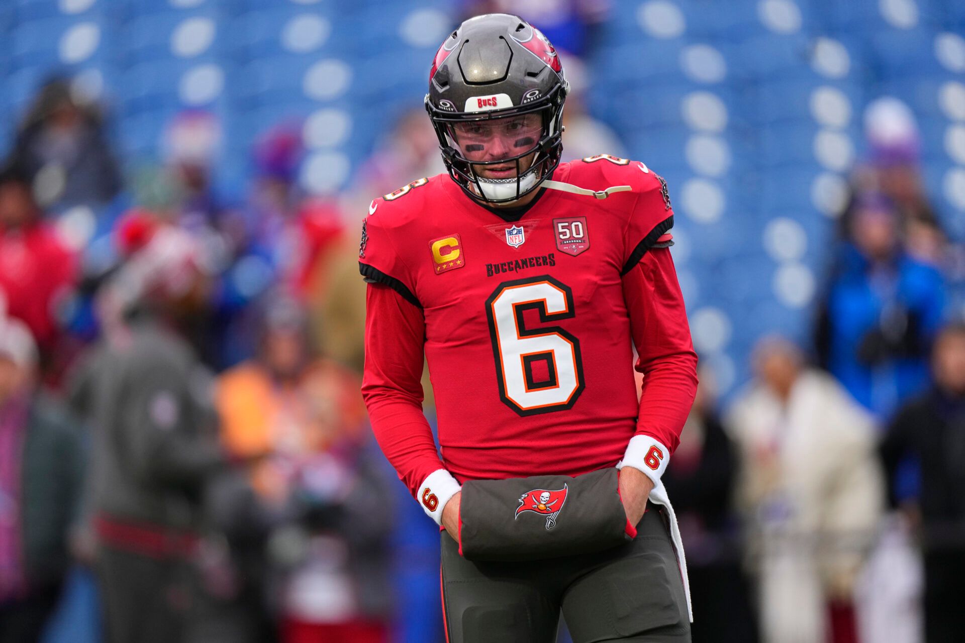 Tampa Bay Buccaneers quarterback Baker Mayfield (6) warms up prior to the game against the Buffalo Bills at Highmark Stadium.