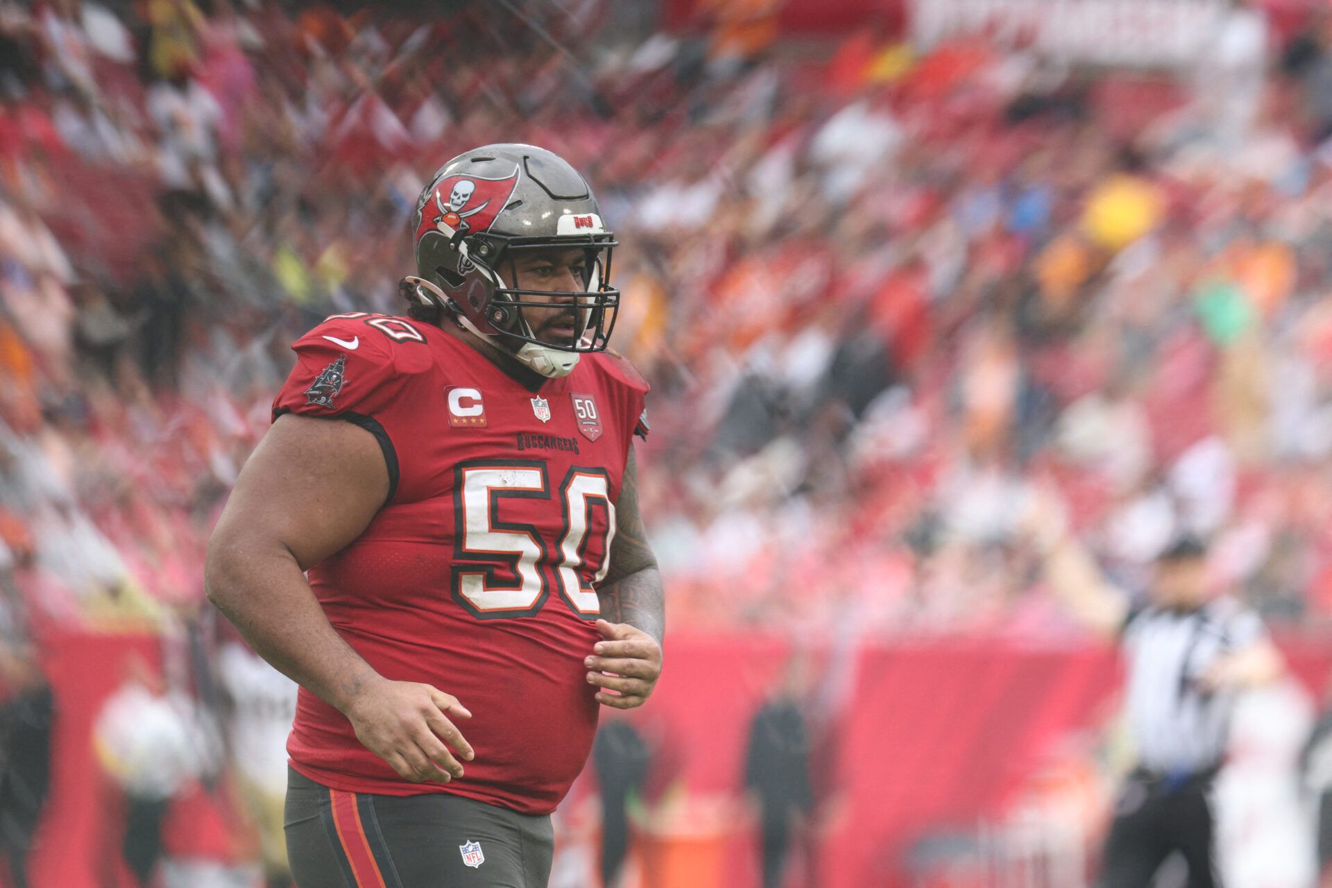 Tampa Bay Buccaneers defensive tackle Vita Vea (50) runs on the field during the fourth quarter against the New Orleans Saints at Raymond James Stadium.