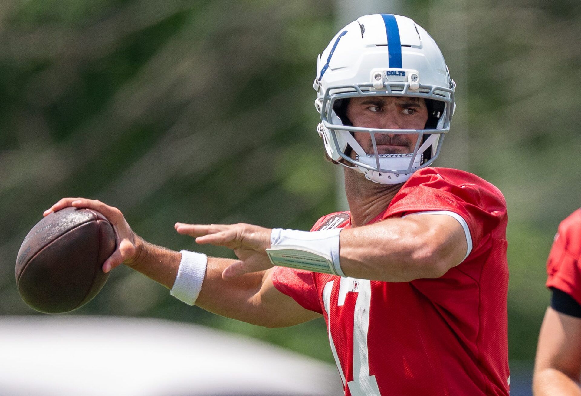 Indianapolis Colts quarterback Daniel Jones (17) throws Wednesday, June 10, 2026, during minicamp at Indiana Farm Bureau Football Center in Indianapolis.