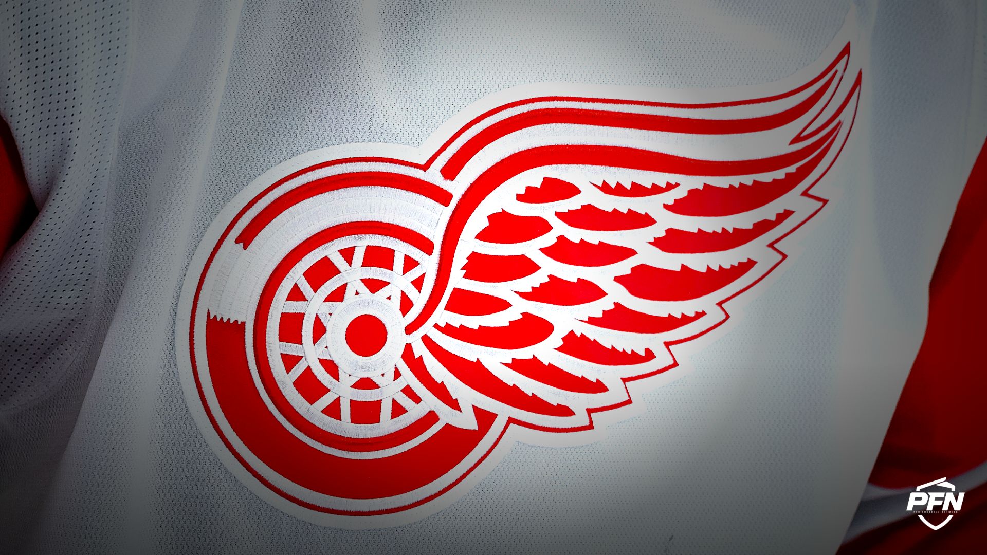 View of a Detroit Red Wings logo on a jersey.