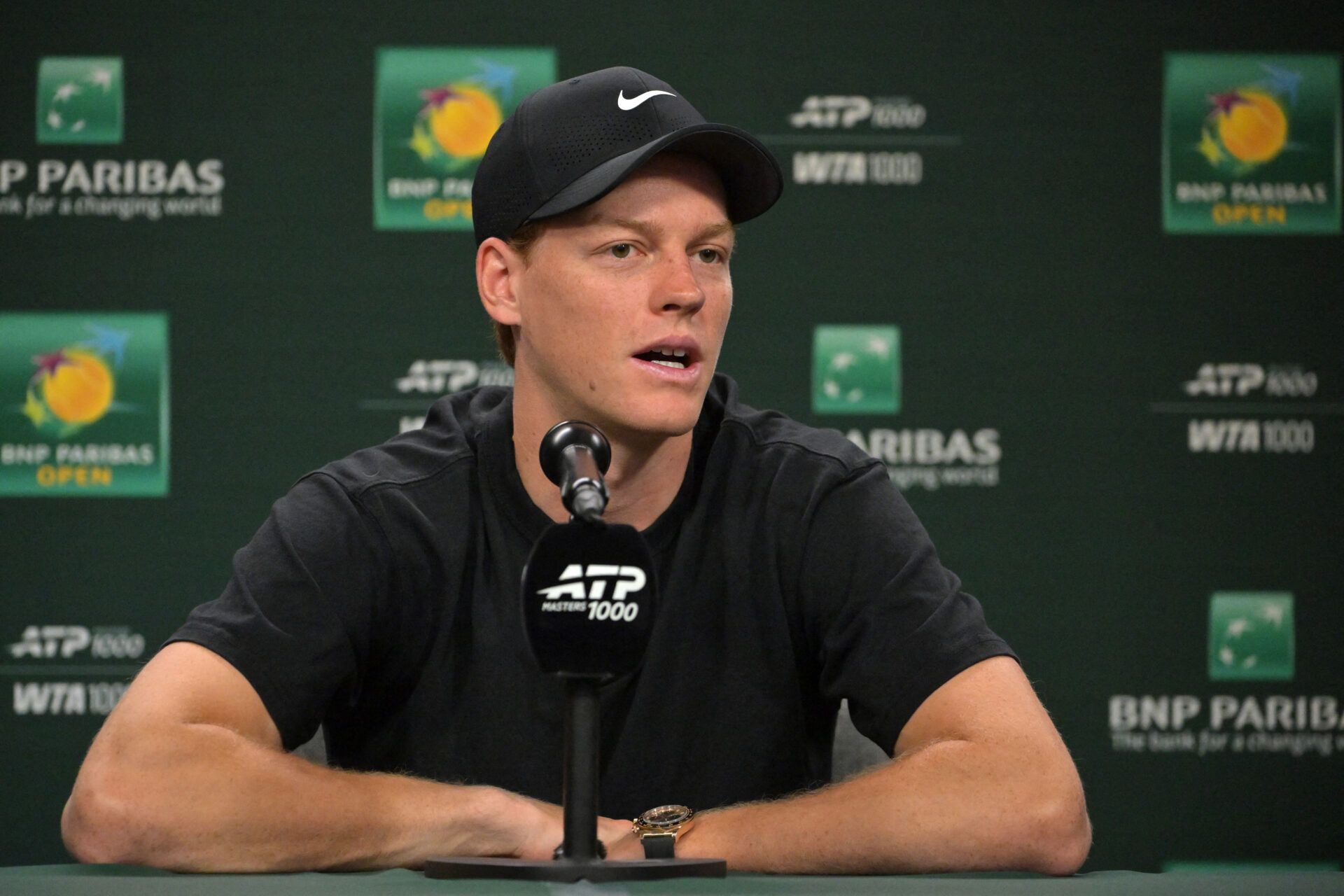 Jannik Sinner (ITA) speaks at a news conference during the BNP Paribas Open at the Indian Wells Tennis Garden.