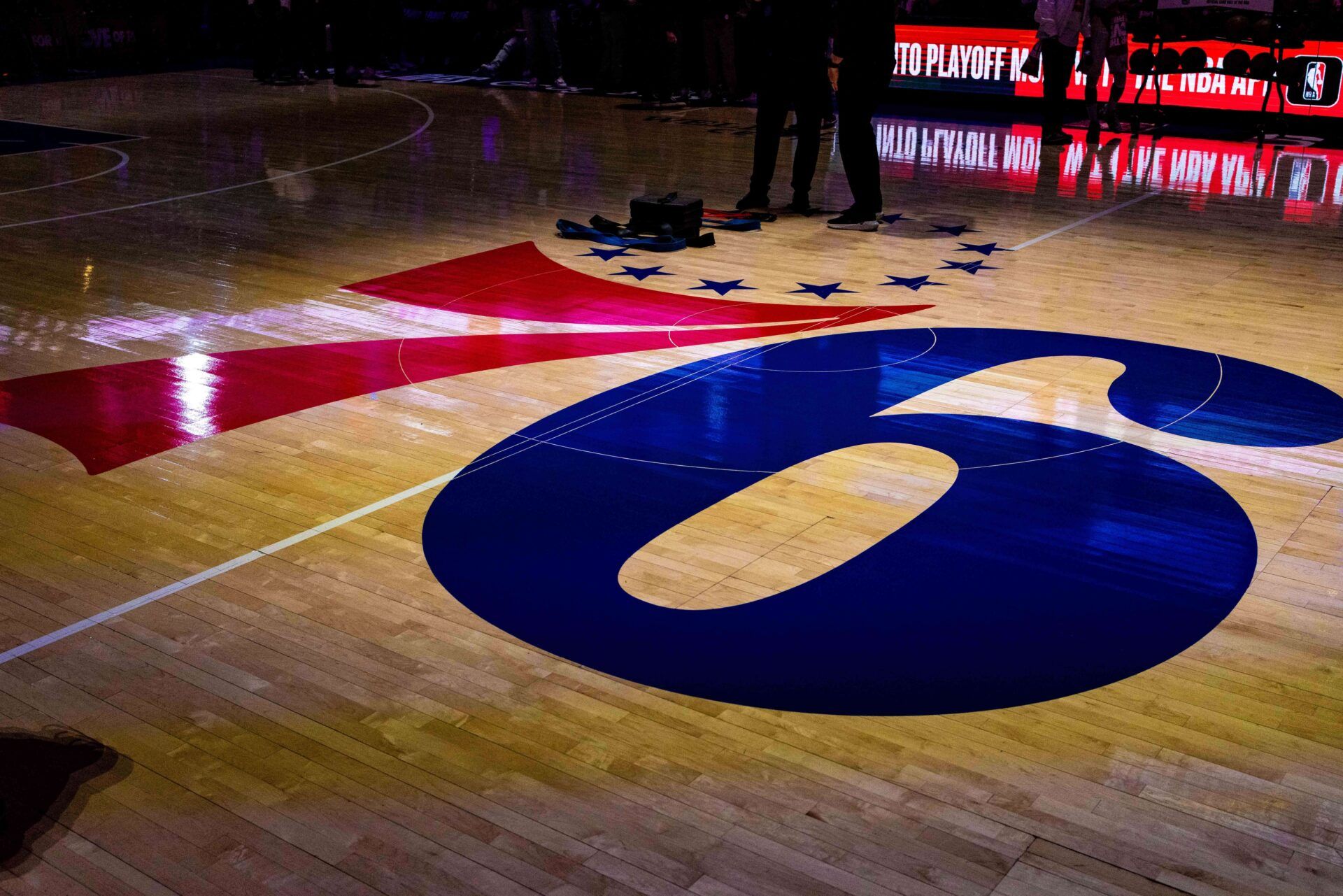 General view of center court with the Philadelphia 76ers logo before game six of the 2023 NBA playoffs against the Boston Celtics at Wells Fargo Center.