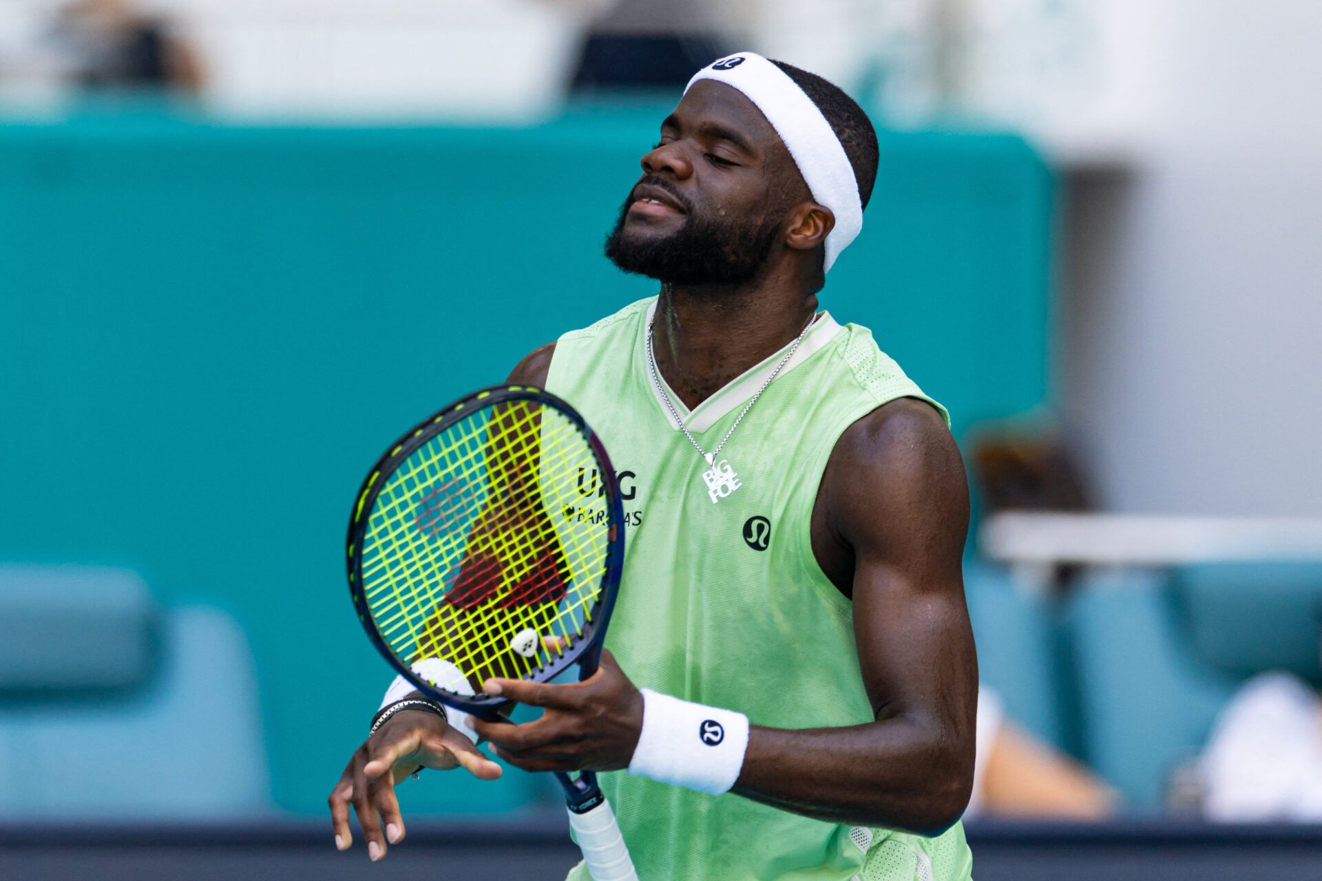 Frances Tiafoe of the United States reacts during his match against Jannik Sinner of Italy in the quarter finals of the menÕs singles at the Miami Open at Hard Rock Stadium.