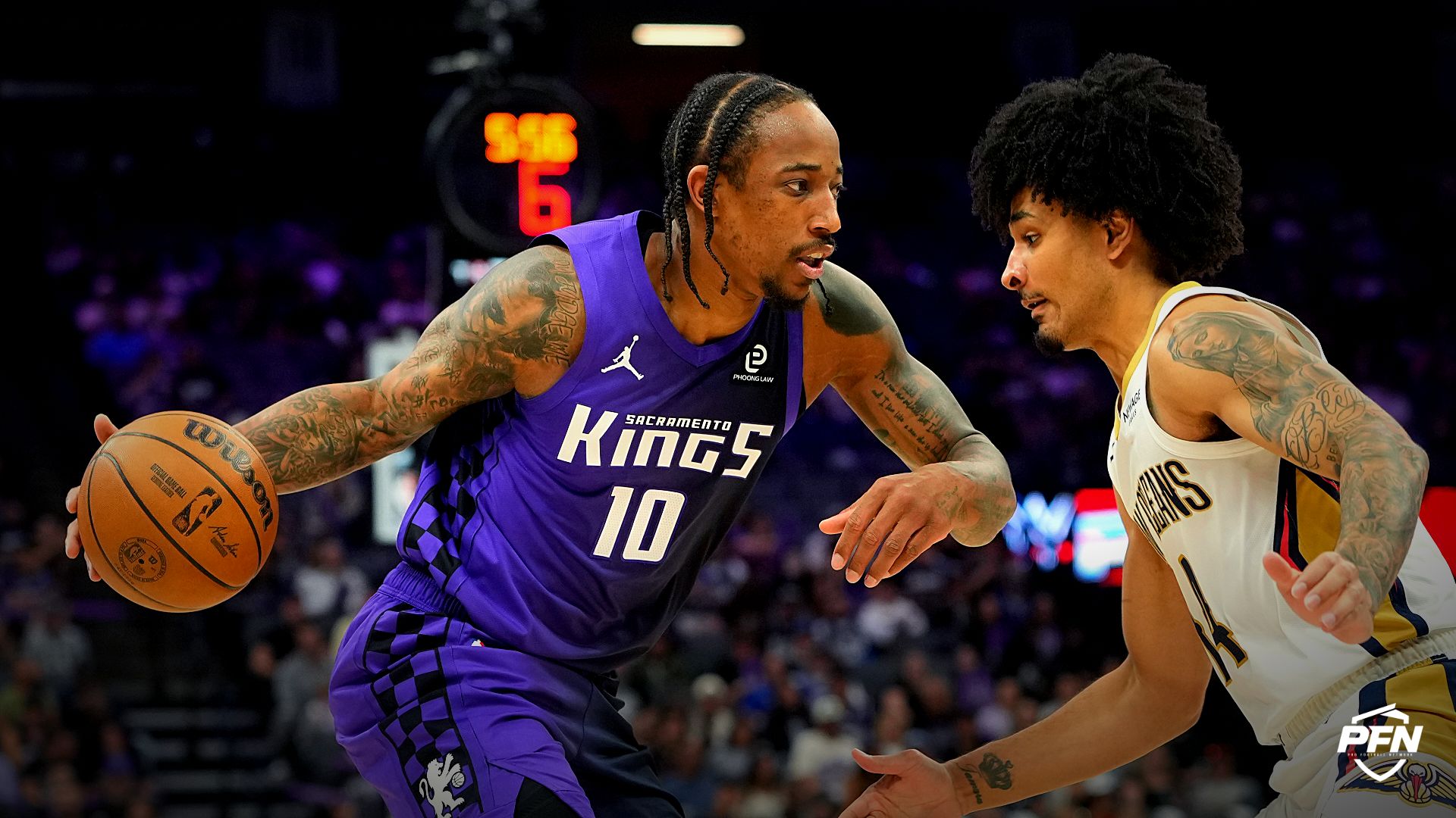 Sacramento Kings guard DeMar DeRozan (10) dribbles against New Orleans Pelicans guard Micah Peavy (right) during the third quarter at Golden 1 Center.