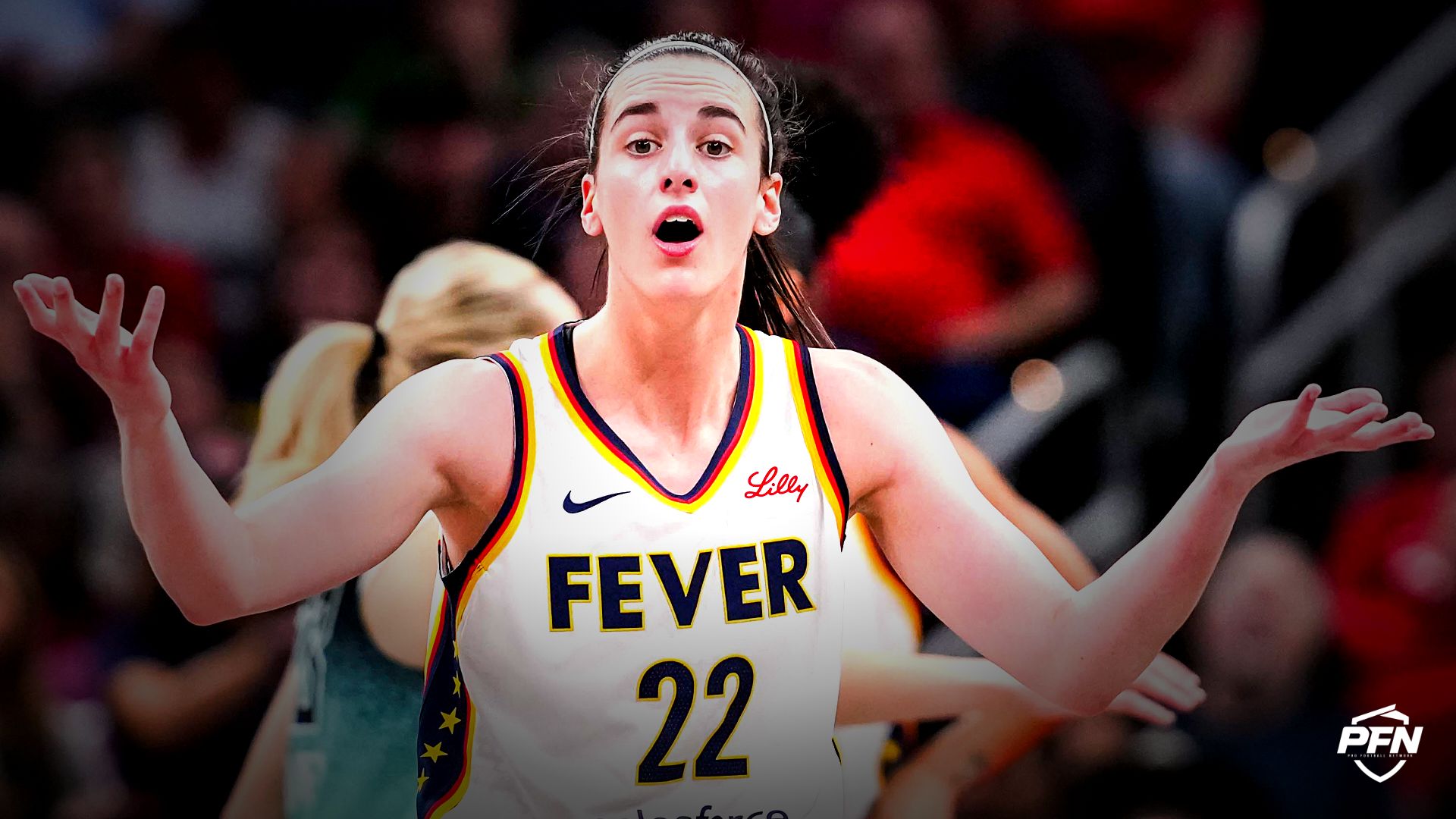 Indiana Fever guard Caitlin Clark (22) reacts to the officiating during a game between the Indiana Fever and the New York Liberty at Gainbridge Fieldhouse.