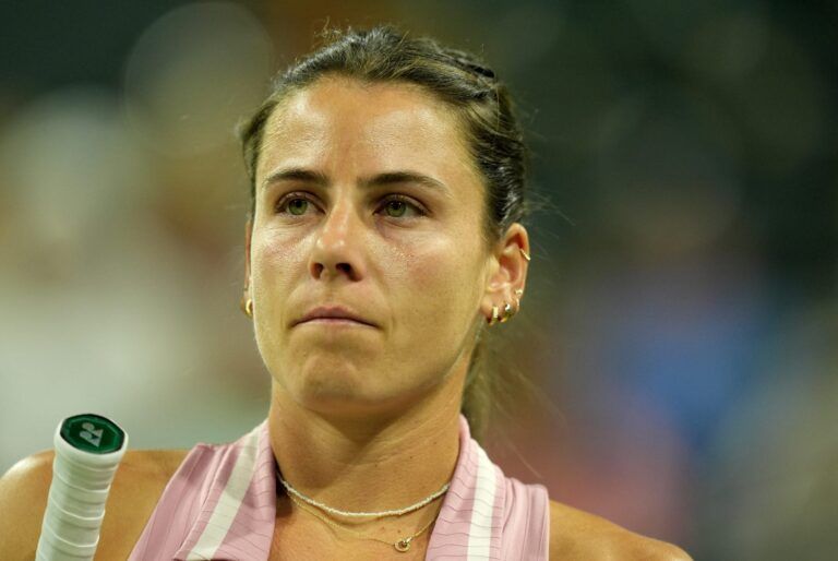 Emma Navarro looks on during her third-round match against Donna Vekic on Stadium 2 at the BNP Paribas Open in Indian Wells, Calif., on Monday, March 10, 2025.