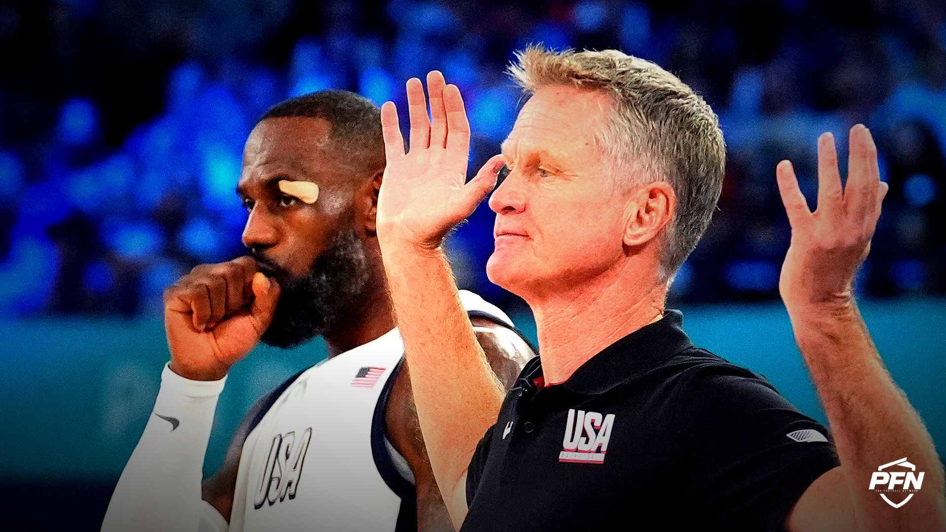 United States head coach Steve Kerr reacts alongside guard LeBron James (6) during the first half against Serbia in a men's basketball semifinal game during the Paris 2024 Olympic Summer Games at Accor Arena.