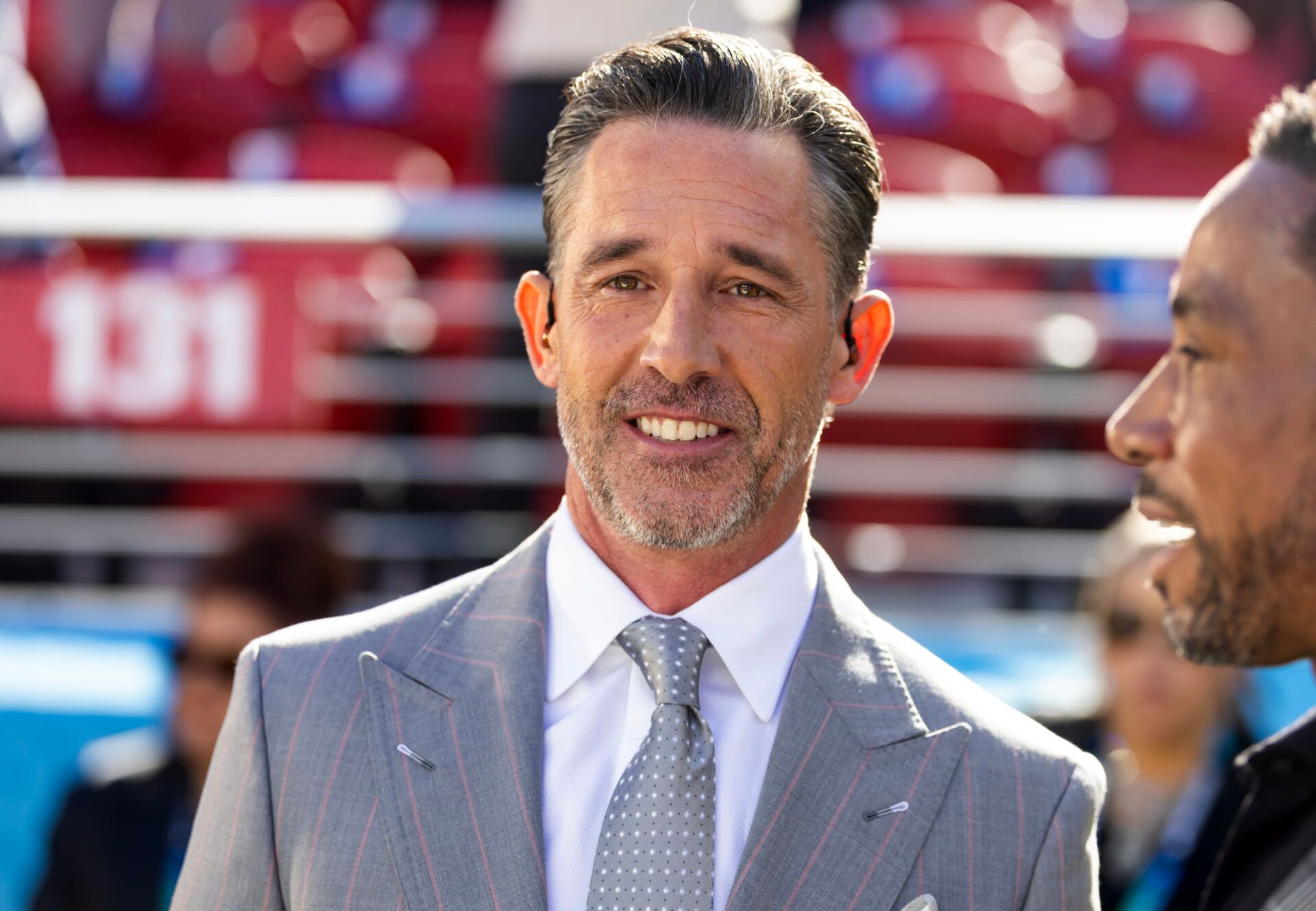 NBC Sports analyst Kyle Shanahan prior to the New England Patriots game against the Seattle Seahawks in Super Bowl LX at Levi's Stadium.