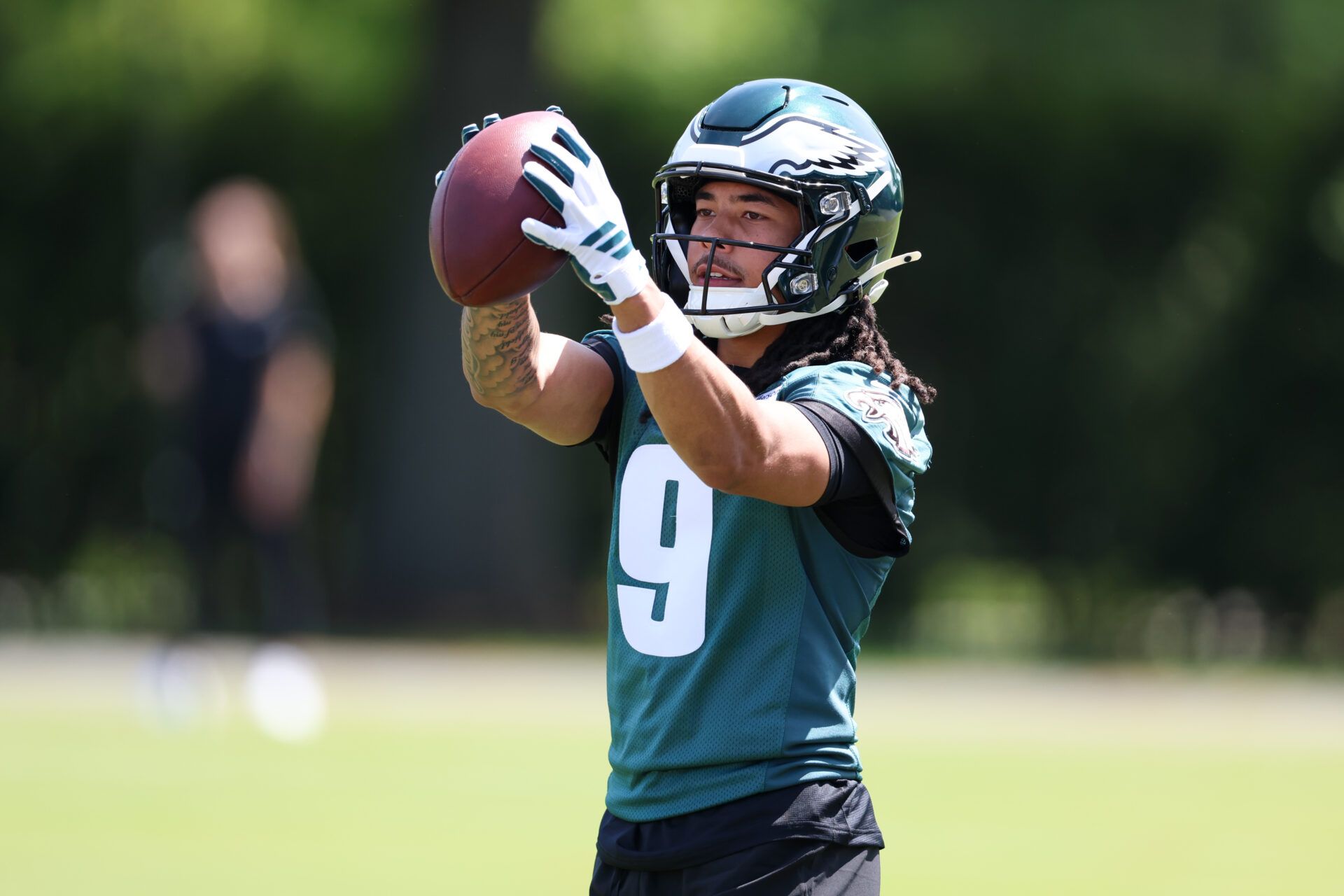Philadelphia Eagles wide receiver Makai Lemon (9) runs drills during rookie minicamp at NovaCare Complex.