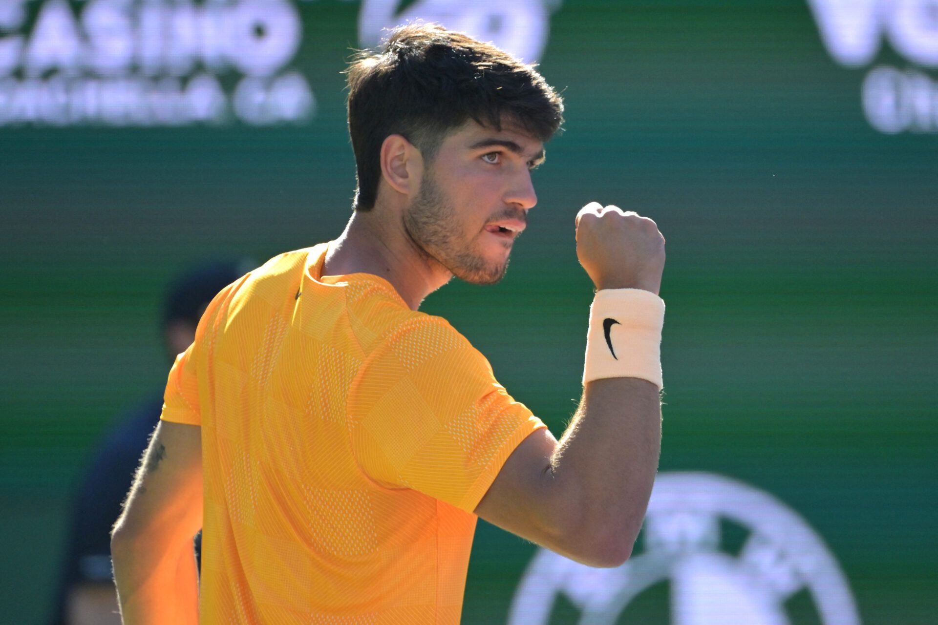 Carlos Alcaraz (ESP) reacts after a point as he defeated Casper Ruud (NOR) during the fourth round in the BNP Paribas Open at the Indian Wells Tennis Garden.