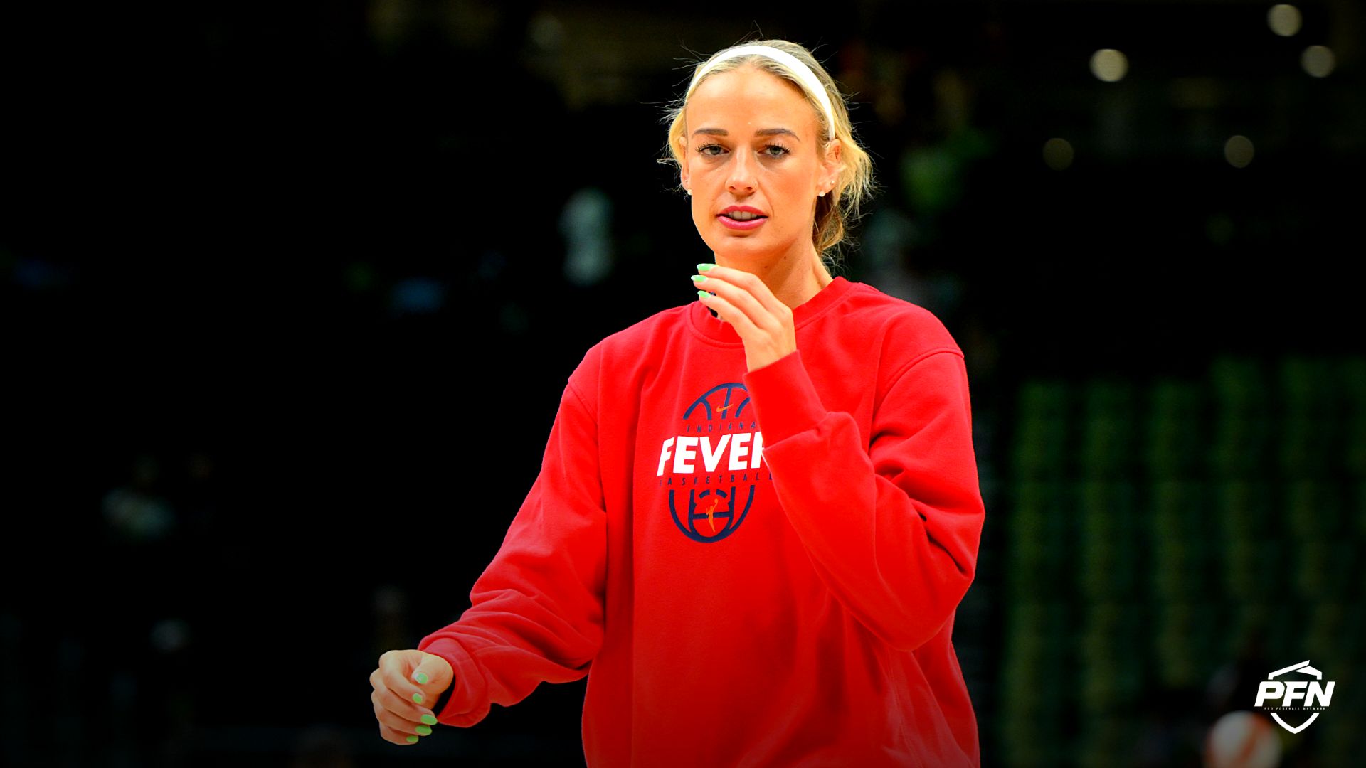 Indiana Fever guard Sophie Cunningham (8) during warmups before the game against the Seattle Storm at Climate Pledge Arena.