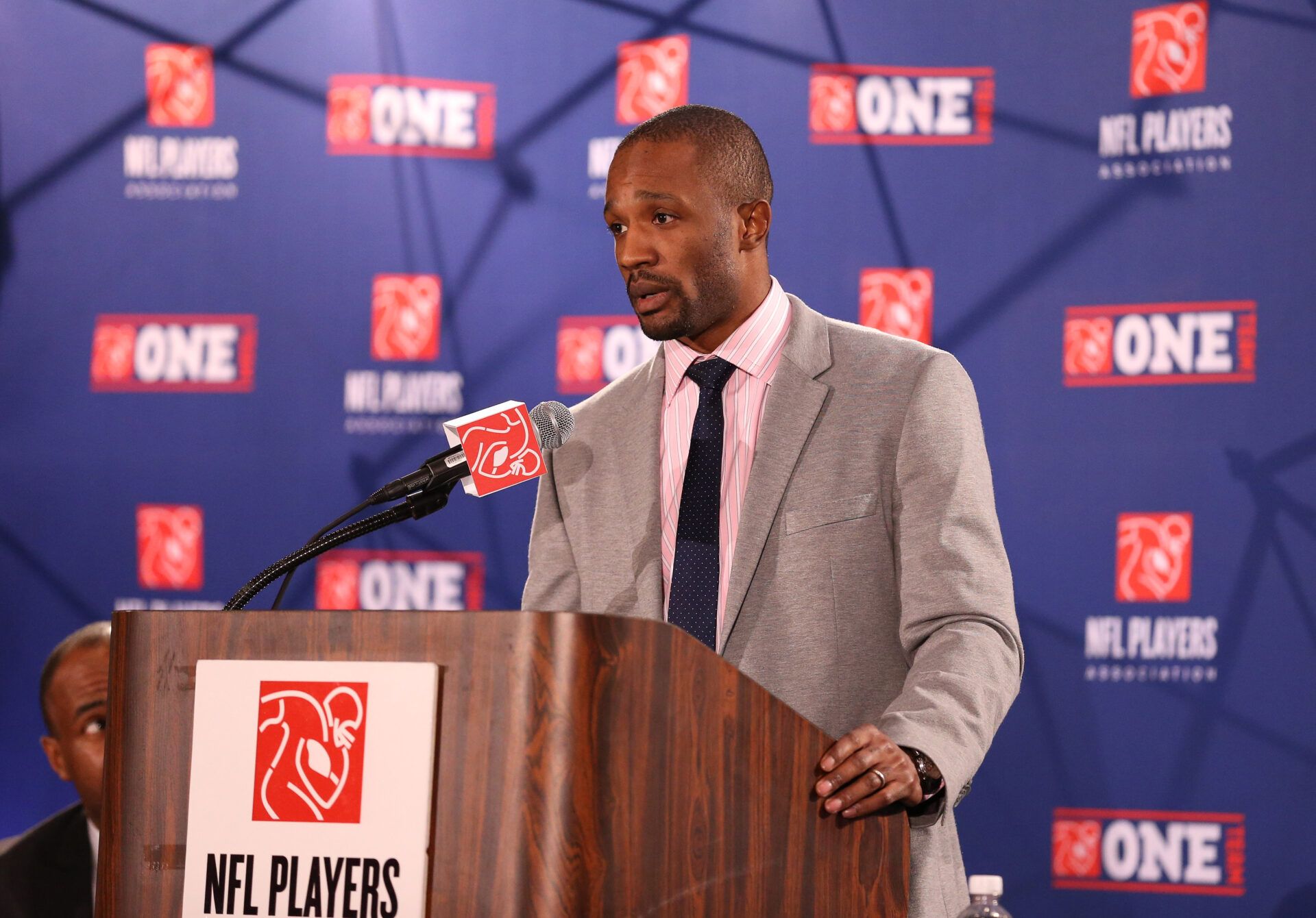 NFLPA president Domonique Foxworth speaks during the NFL players association press conference in preparation for Super Bowl XLVII at the New Orleans Convention Center. Super Bowl XLVII will be played between the San Francisco 49ers on February 3, 2013 at the Mercedes-Benz Superdome.