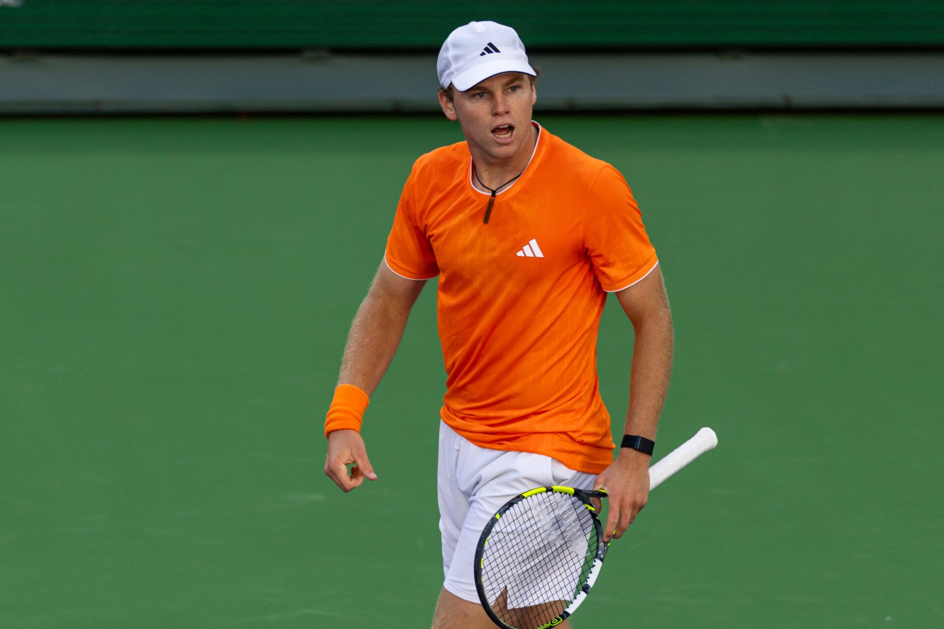 Alex Michelsen of the United States reacts against Taylor Fritz of the United States in the third round of the men’s singles at the BNP Paribas Open at the Indian Wells Tennis Garden.