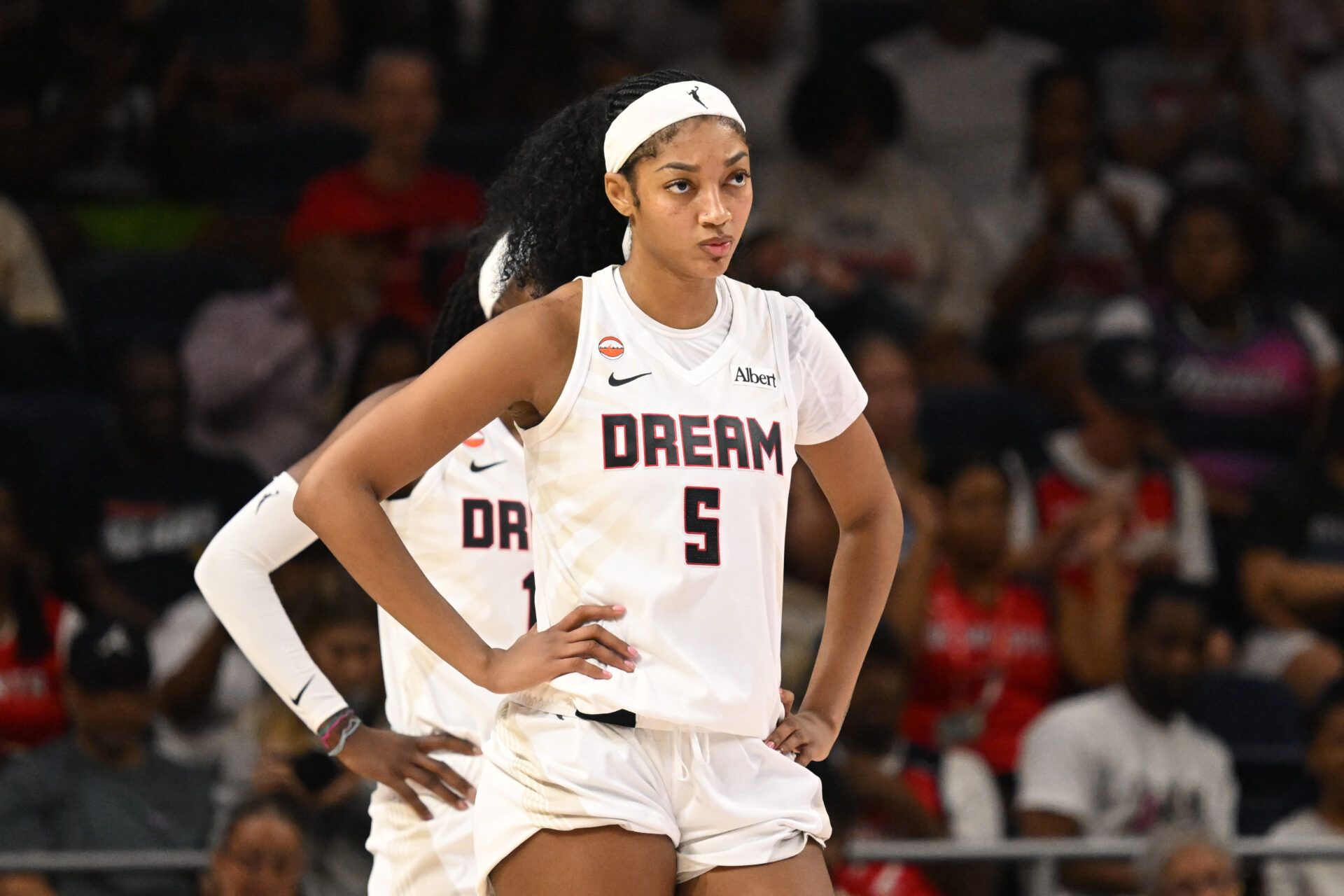 Atlanta Dream forward Angel Reese (5) waits for play to start against the Washington Mystics during the third quarter at CareFirst Arena.