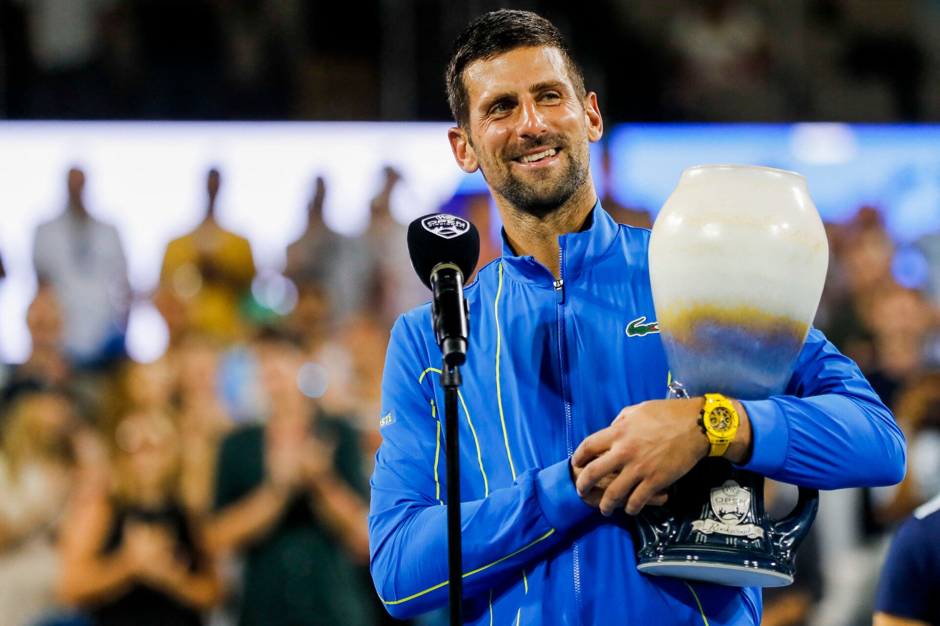 Novak Djokovic (SRB) reacts after the victory over Carlos Alcaraz (ESP) during the menÕs singles final of the Western and Southern Open tennis tournament at Lindner Family Tennis Center.