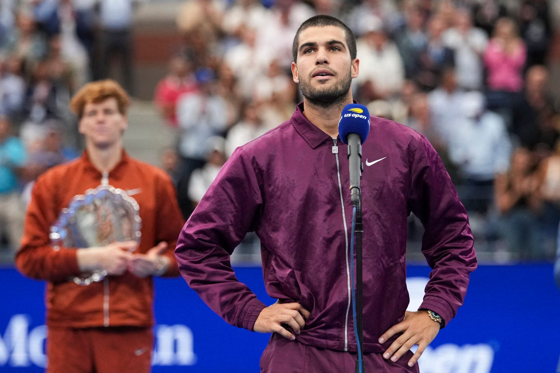 Carlos Alcaraz (ESP) speaks after defeating Jannik Sinner (ITA) in the final of mens singles at Billie Jean King National Tennis Center.
