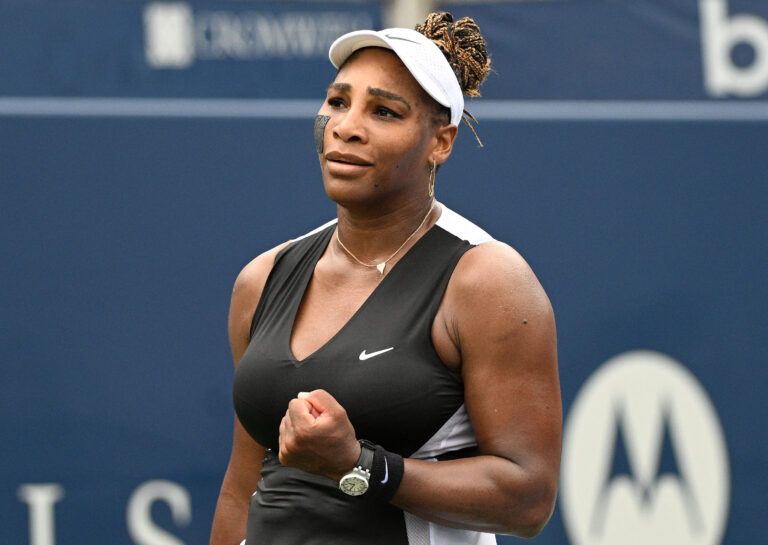 Serena Williams (USA) reacts after defeating Nuria Parrizas Diaz (ESP) in first round play in the National Bank Open at Sobeys Stadium.