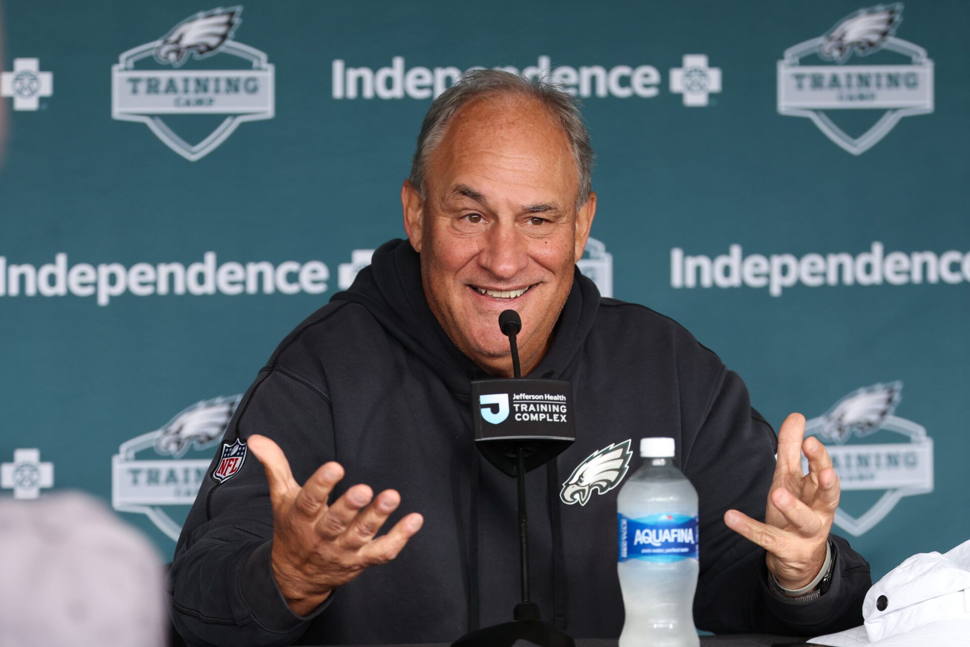 Philadelphia Eagles defensive coordinator Vic Fangio speaks with the media during training camp at Jefferson Health Training Complex.
