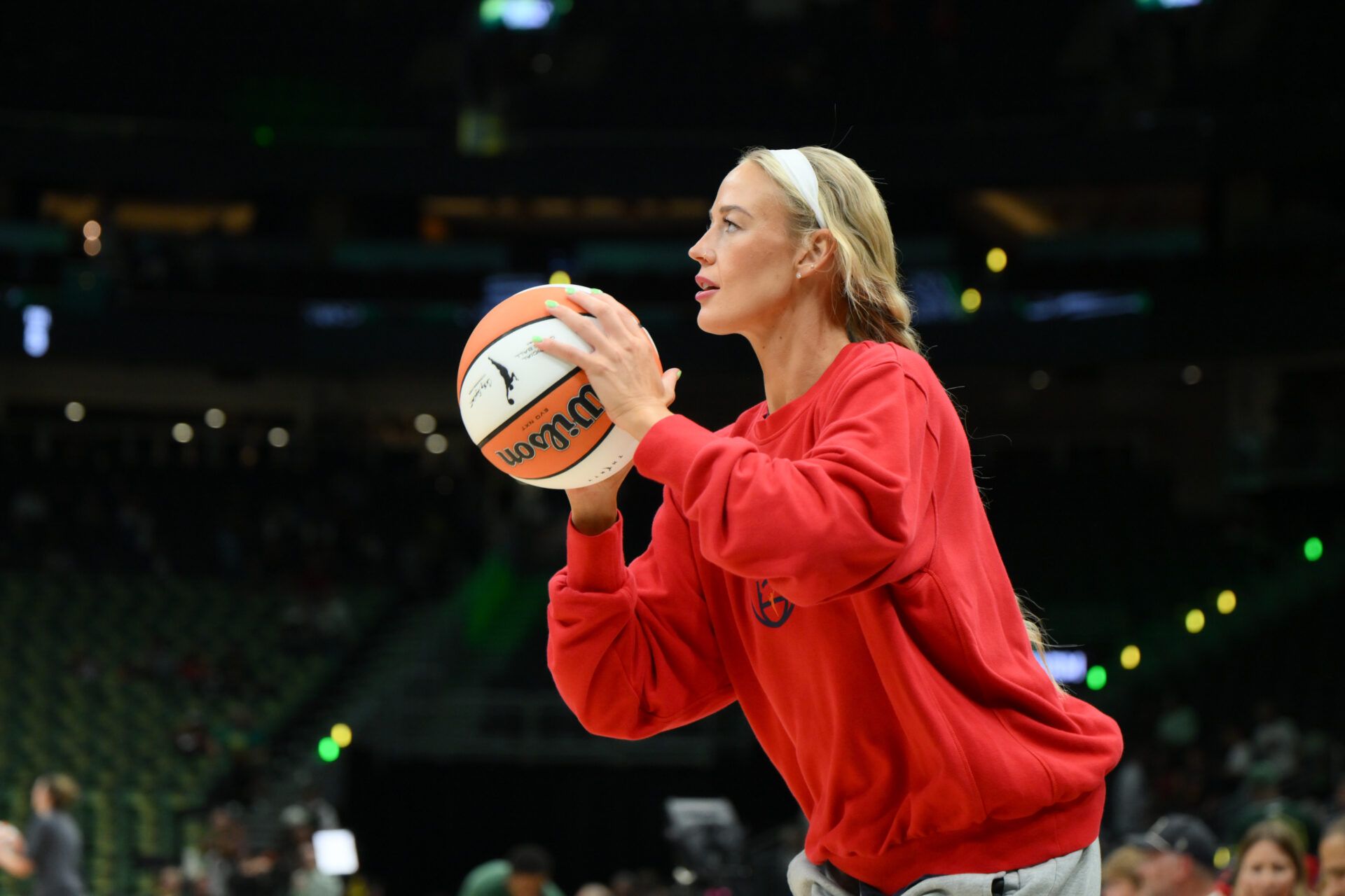 Indiana Fever guard Sophie Cunningham (8) during warmups before the game against the Seattle Storm at Climate Pledge Arena.