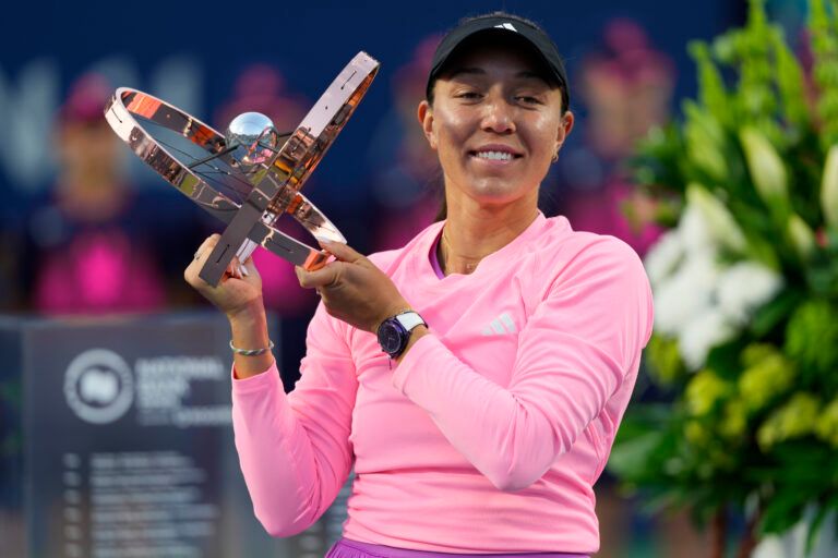 Jessica Pegula (USA) holds up the NBO championship trophy after defeating Amanda Anisimova (not pictured) in the women's final at Sobeys Stadium.