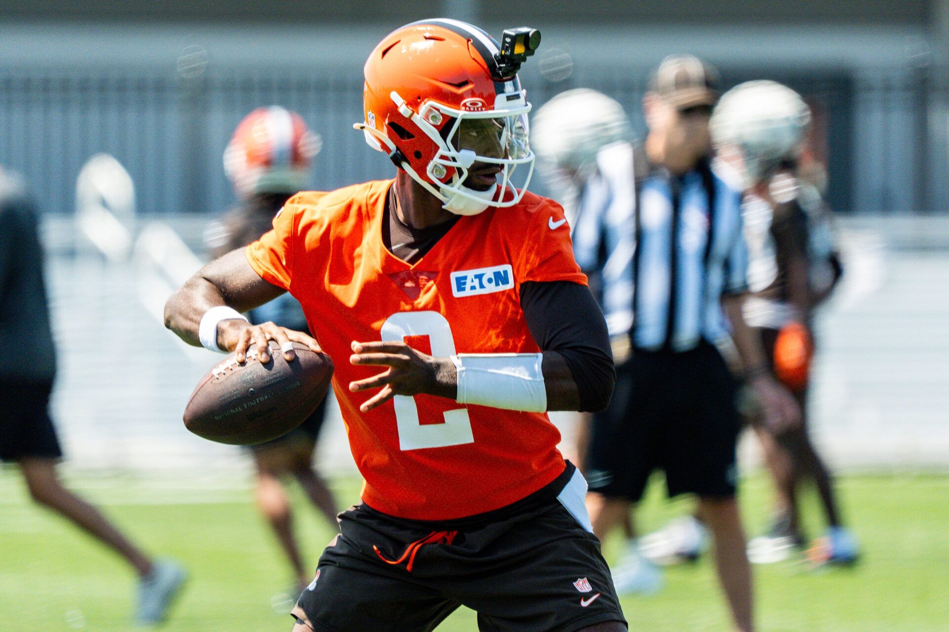 Cleveland Browns quarterback Shedeur Sanders (2) works through drills during the second day of training camp, July 30, 2026, in Berea, Ohio.