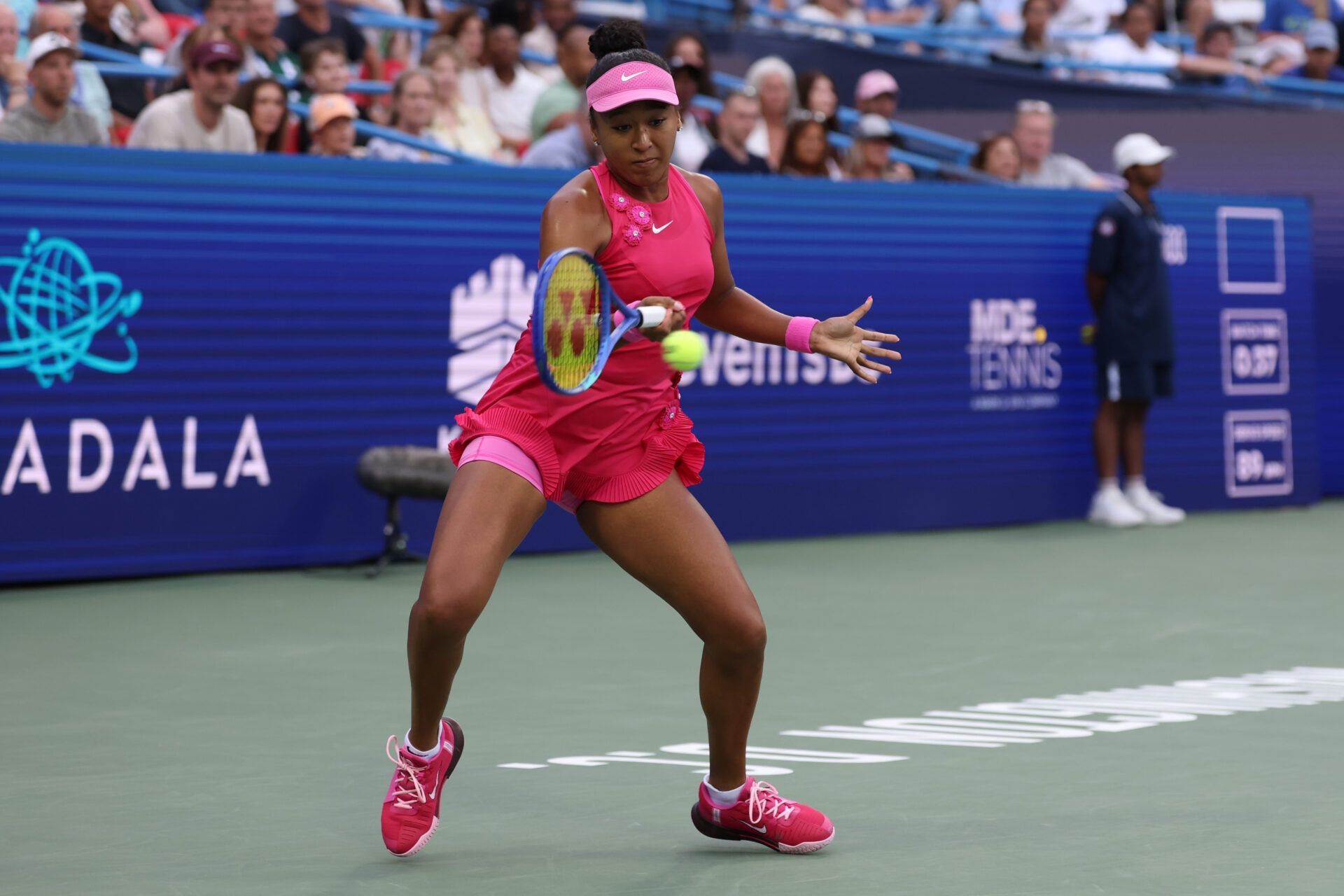 Naomi Osaka (JPN) hits a forehand against Ashlyn Krueger (USA) (not pictured) on day three of the 2026 Mubadala DC Open at Rock Creek Park Tennis Center.